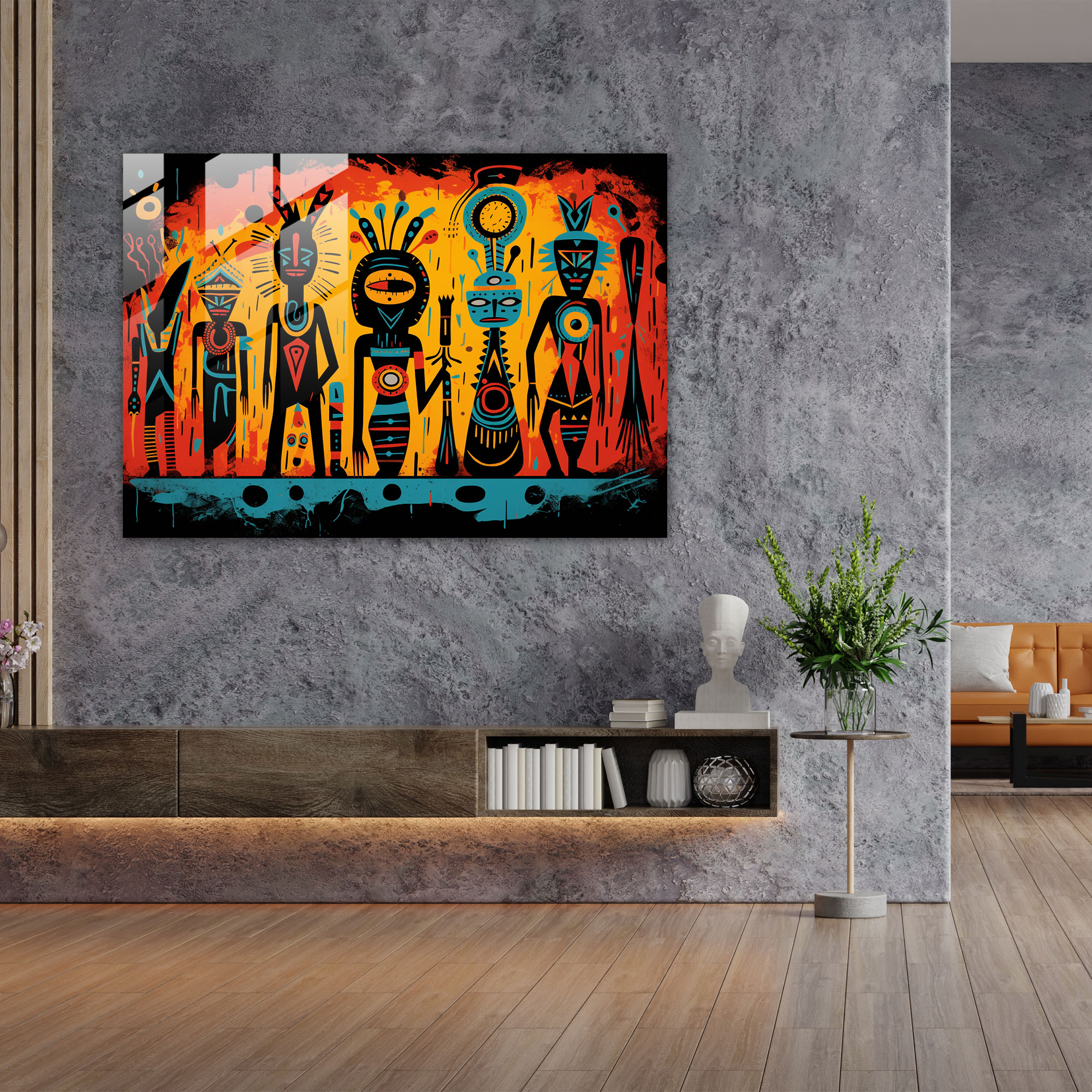 Mesolithic Glass Wall Art: Pop Art Illustration - Mesolithic, Vibrant, Figures, Glass Art