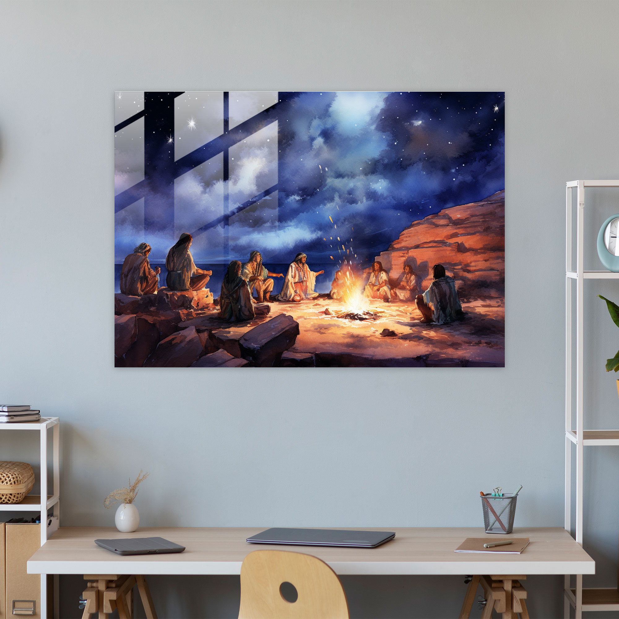 Paleolithic Nomadic Tribe Glass Print - Mesolithic, Wall Decoration, Campfire, Modern Art
