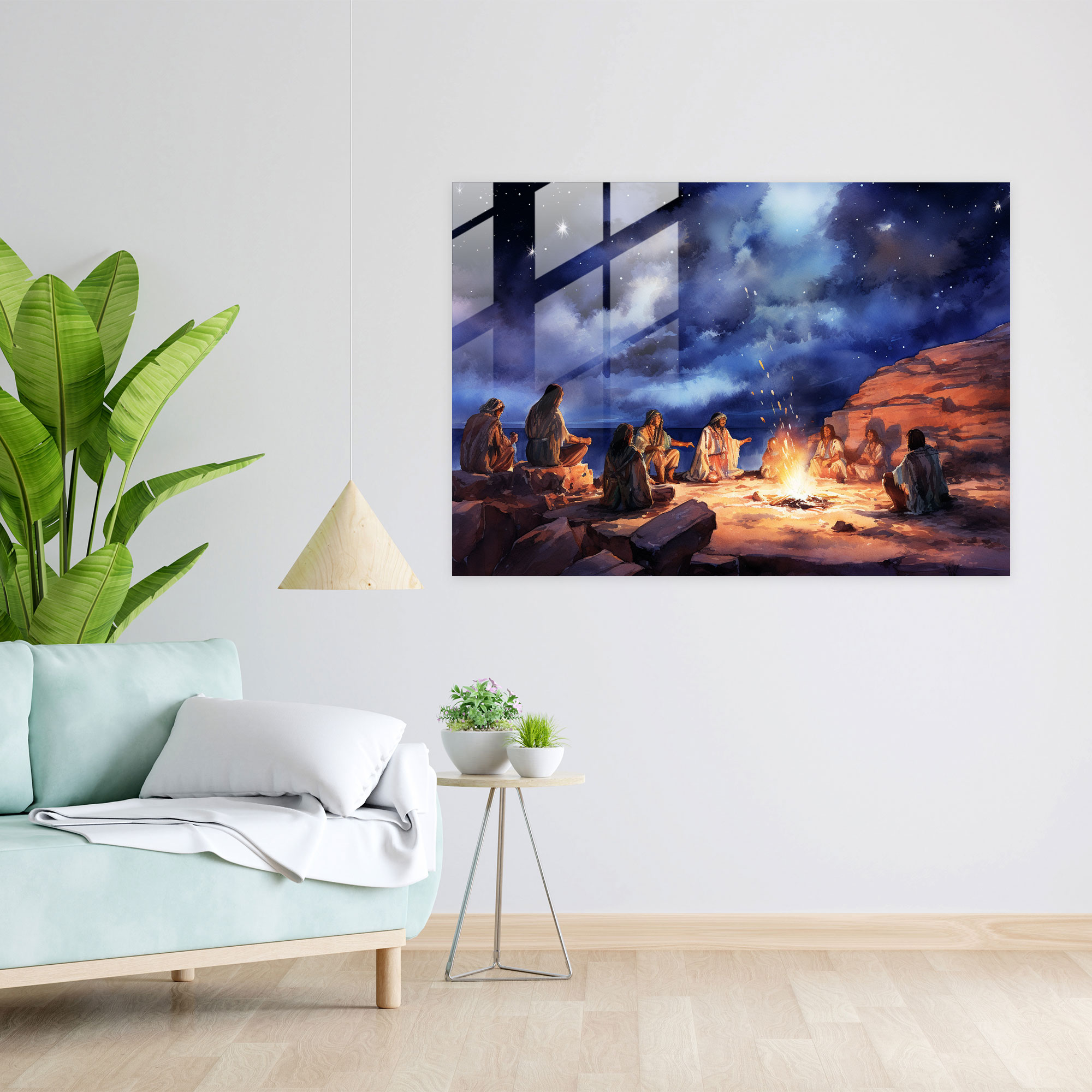 Paleolithic Nomadic Tribe Glass Print - Mesolithic, Wall Decoration, Campfire, Modern Art