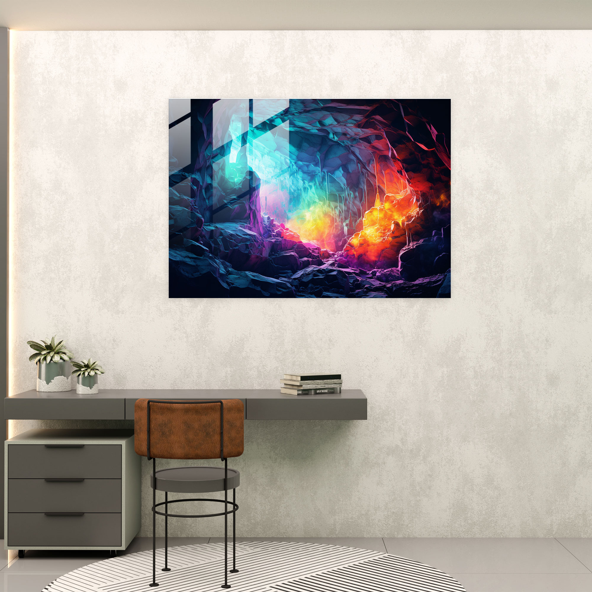 Paleolithic Neon Art Glass Print - Mesolithic, Glass Wall Art, Retro-Inspired Design, Paleolithic Glass Print