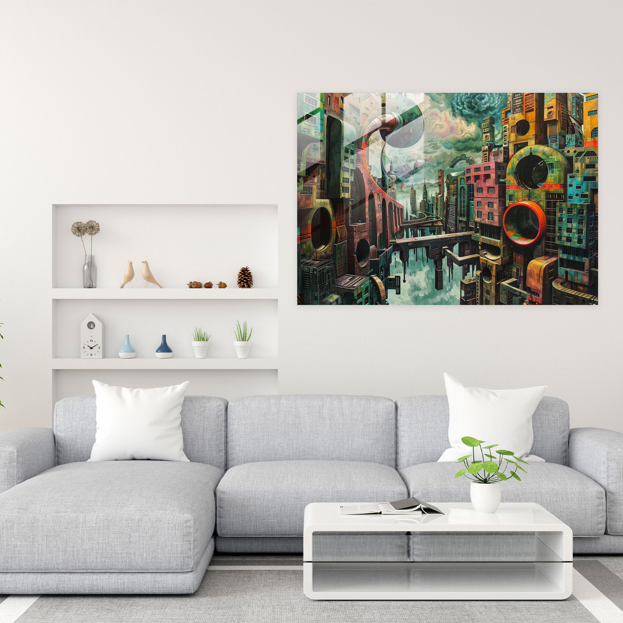 Metaphysical Painting Glass Wall Art - Metaphysical Painting, Cityscape, Metaphysical Painting, Home Decoration