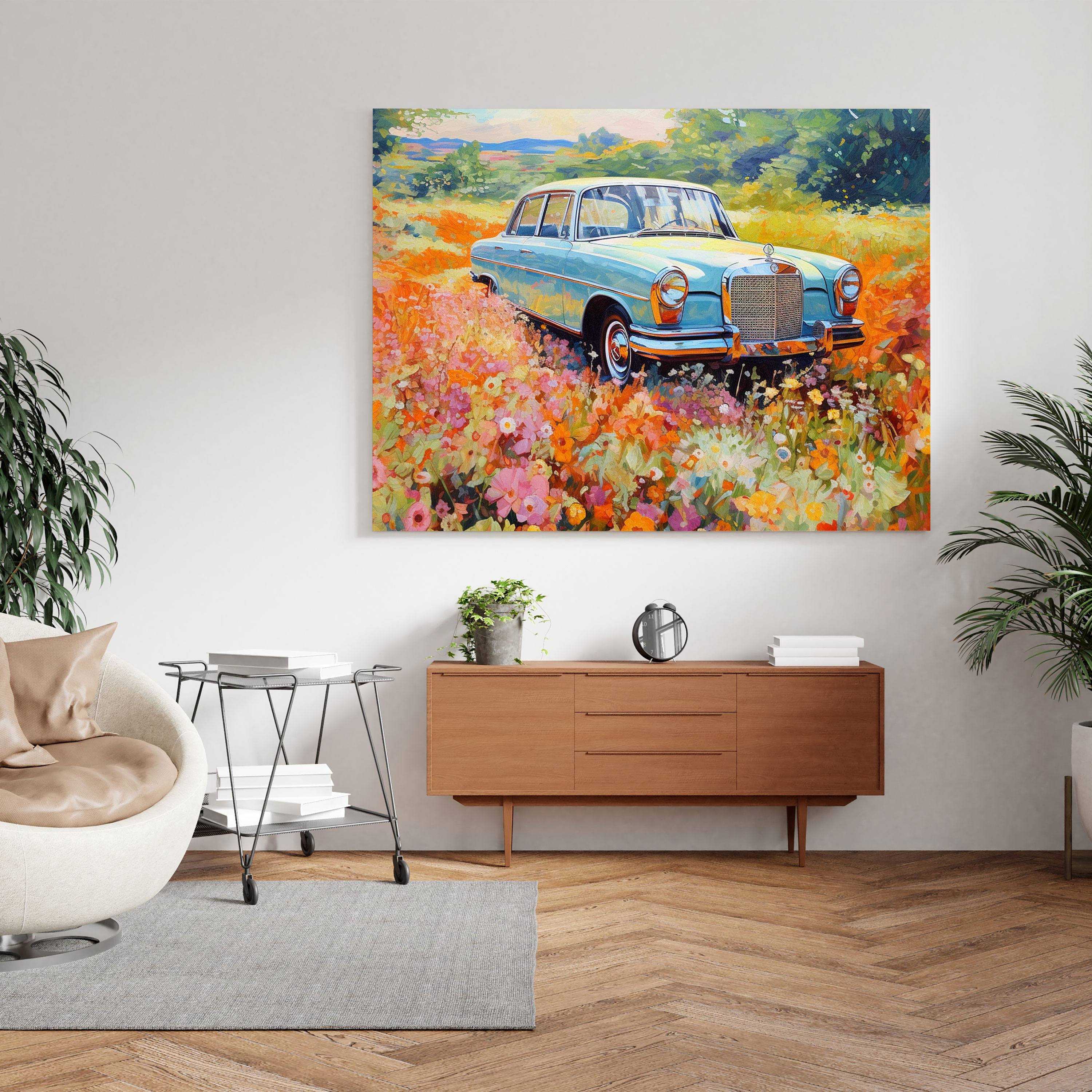 Mercedes Leinwandbild - Impressionistisches Landschaftsgemälde Wandkunst - Mercedes lebhaftes Blumenfeld Wandkunst