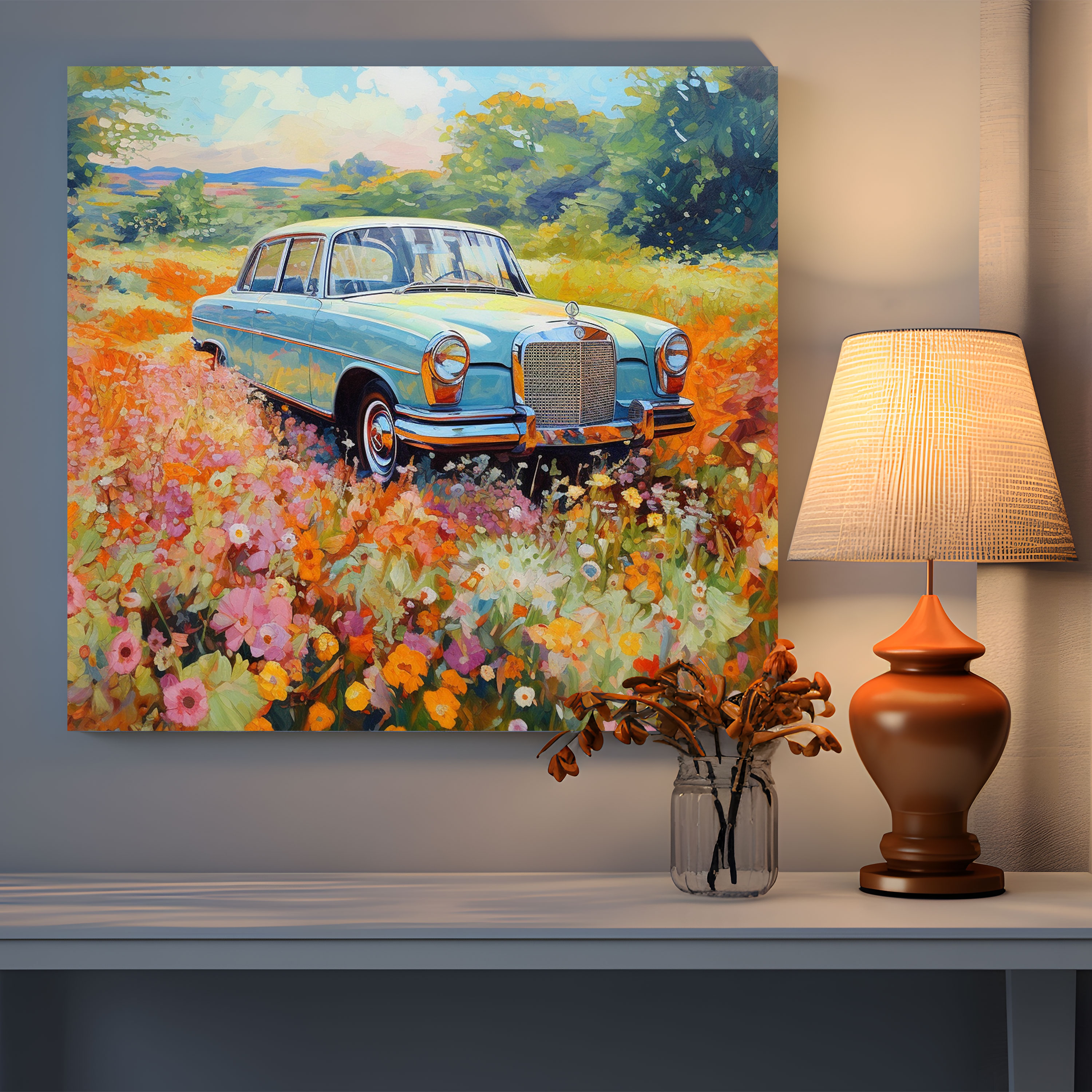 Mercedes Leinwandbild - Impressionistisches Landschaftsgemälde Wandkunst - Mercedes lebhaftes Blumenfeld Wandkunst