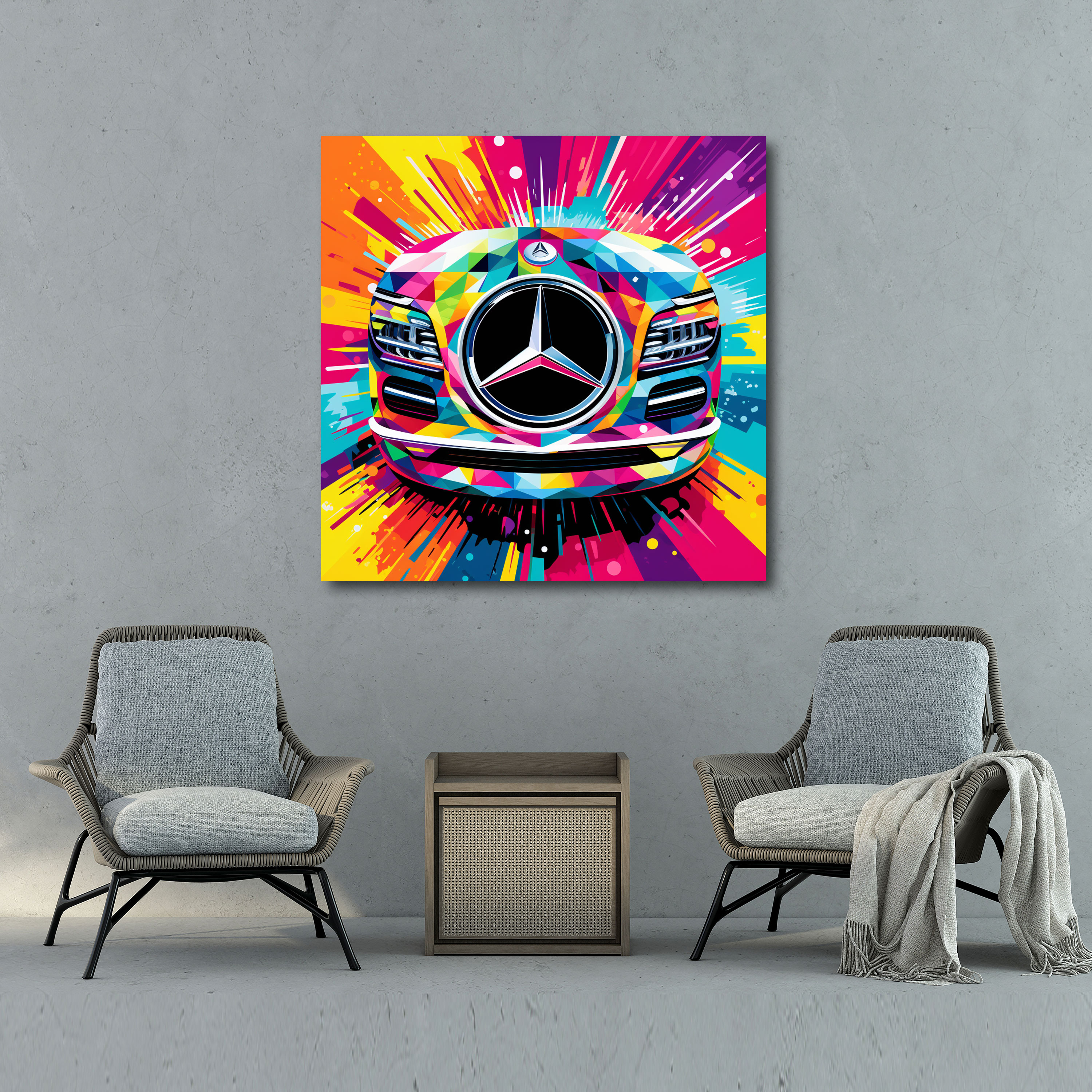 Pop Art Mercedes Leinwandbild - Mercedes Wandbild auf Leinwand Leinwand Lebhaftes Logo.