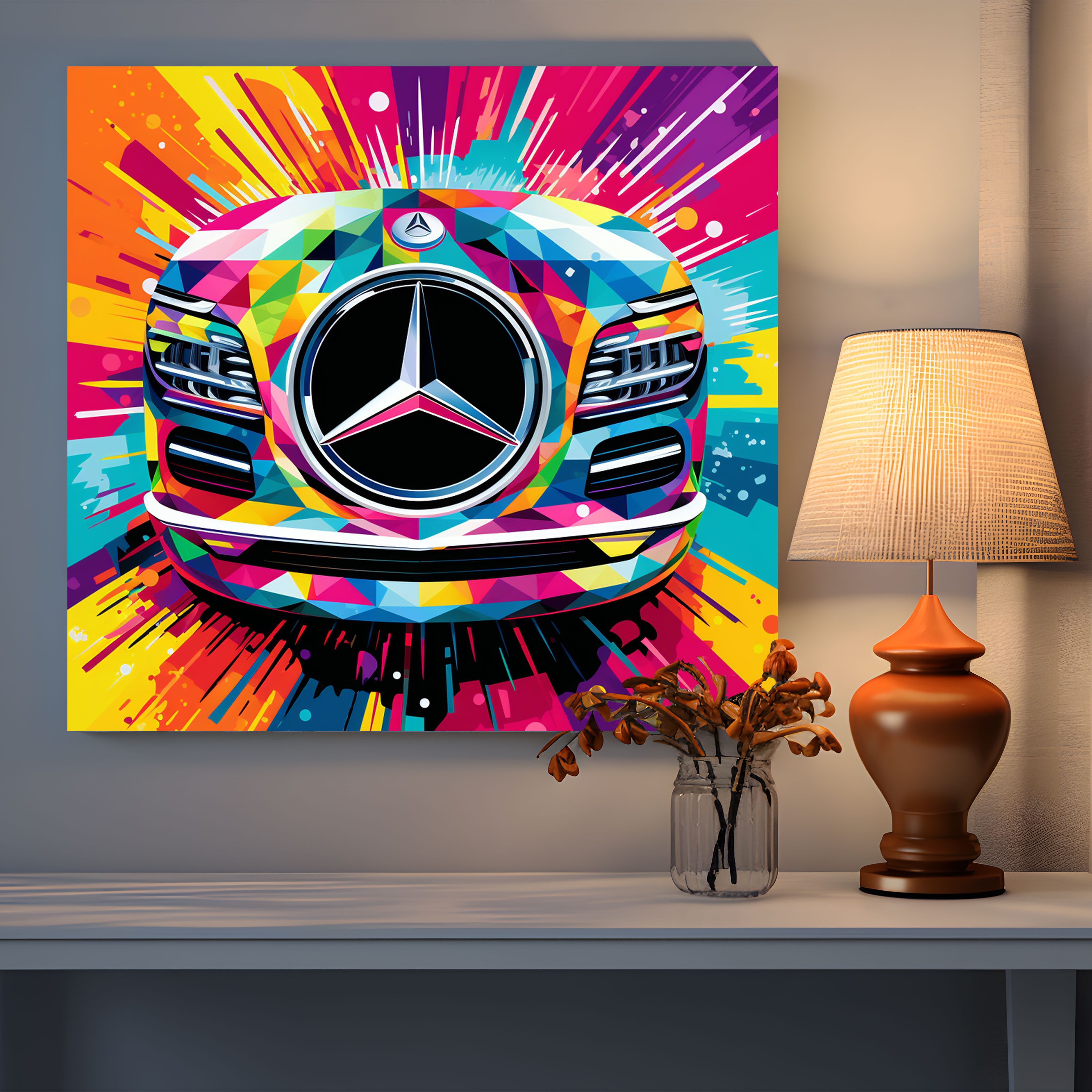 Pop Art Mercedes Leinwandbild - Mercedes Wandbild auf Leinwand Leinwand Lebhaftes Logo.