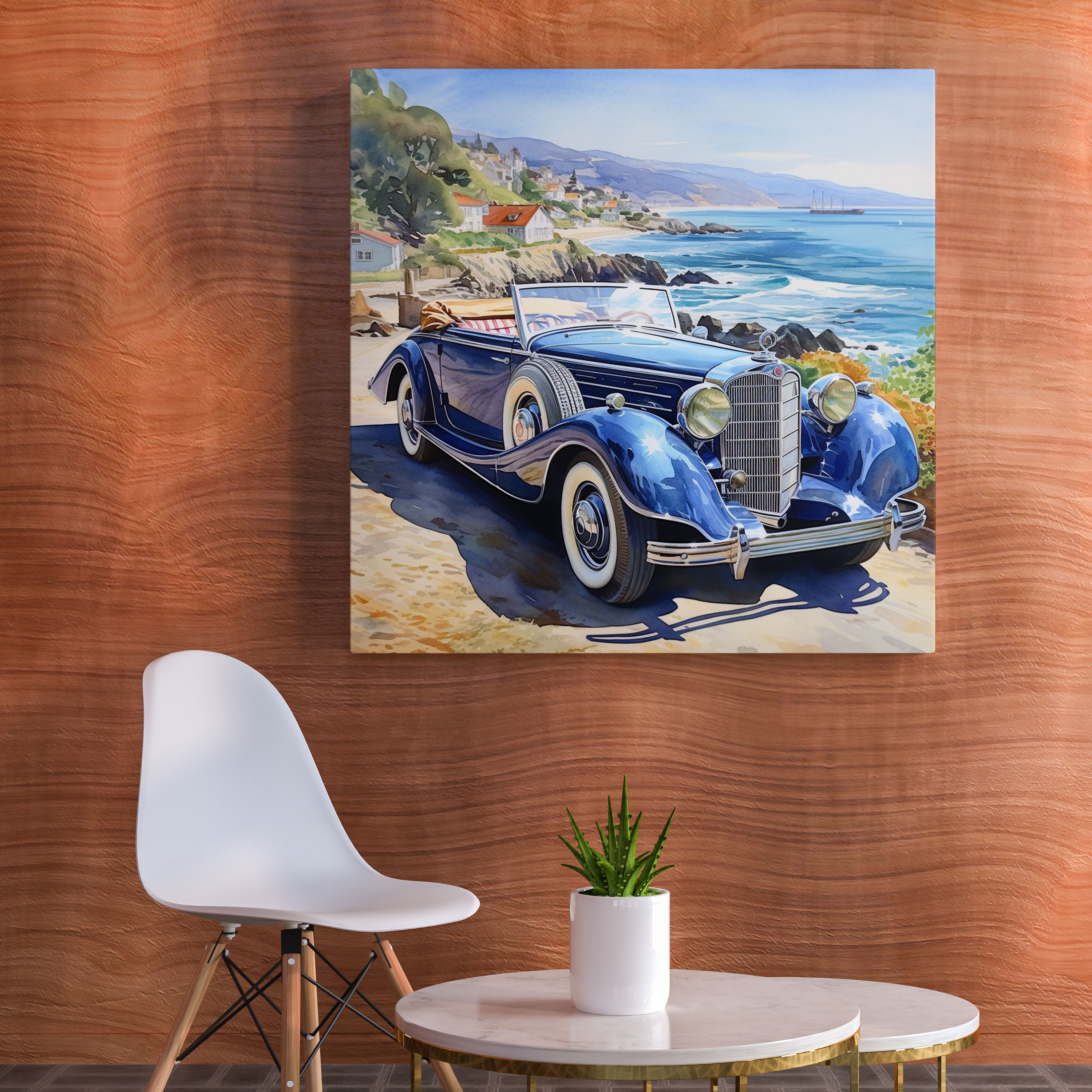 Leinwandbild Mercedes Vintage - Wanddekoration Aquarellgemälde Küstenlandschaft