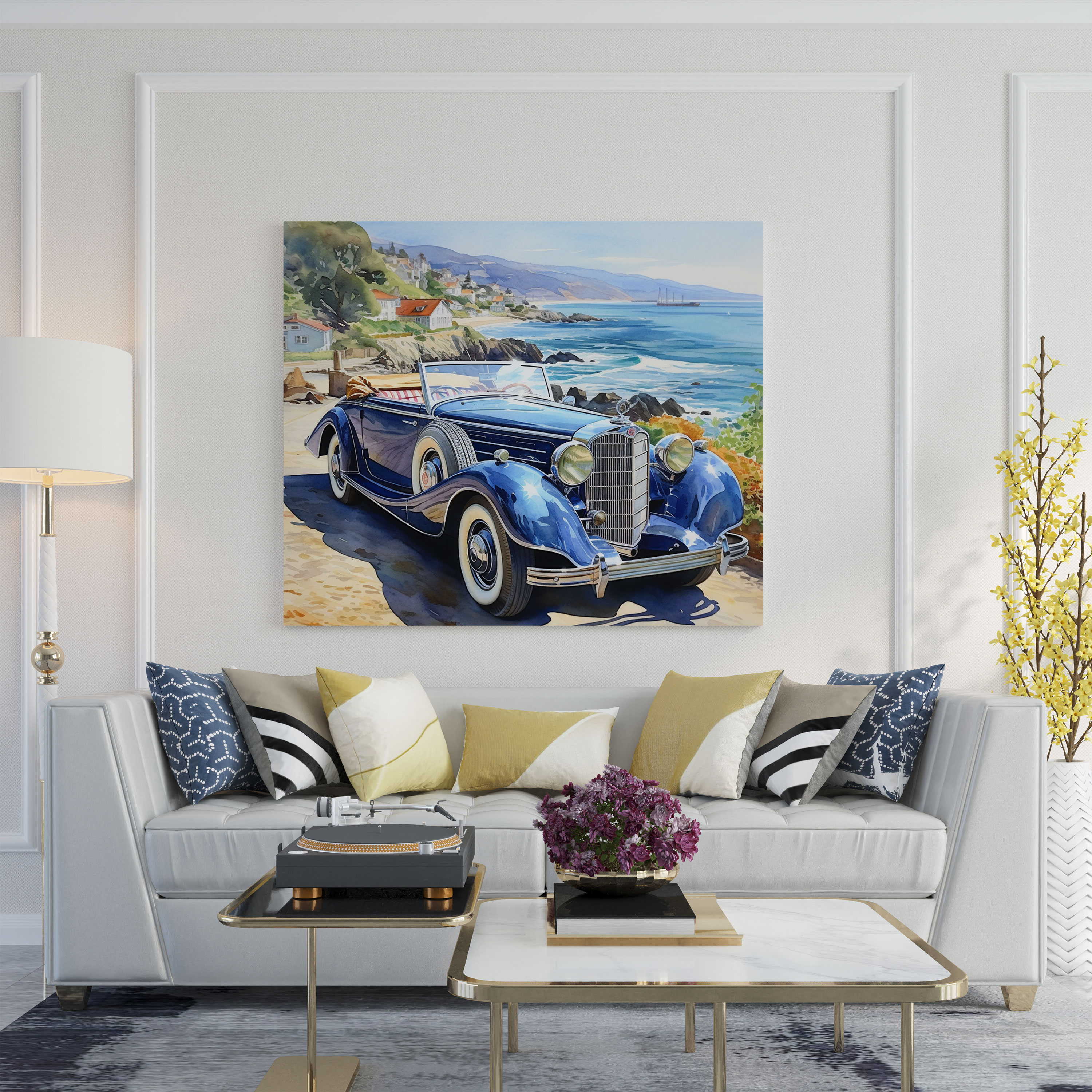 Leinwandbild Mercedes Vintage - Wanddekoration Aquarellgemälde Küstenlandschaft