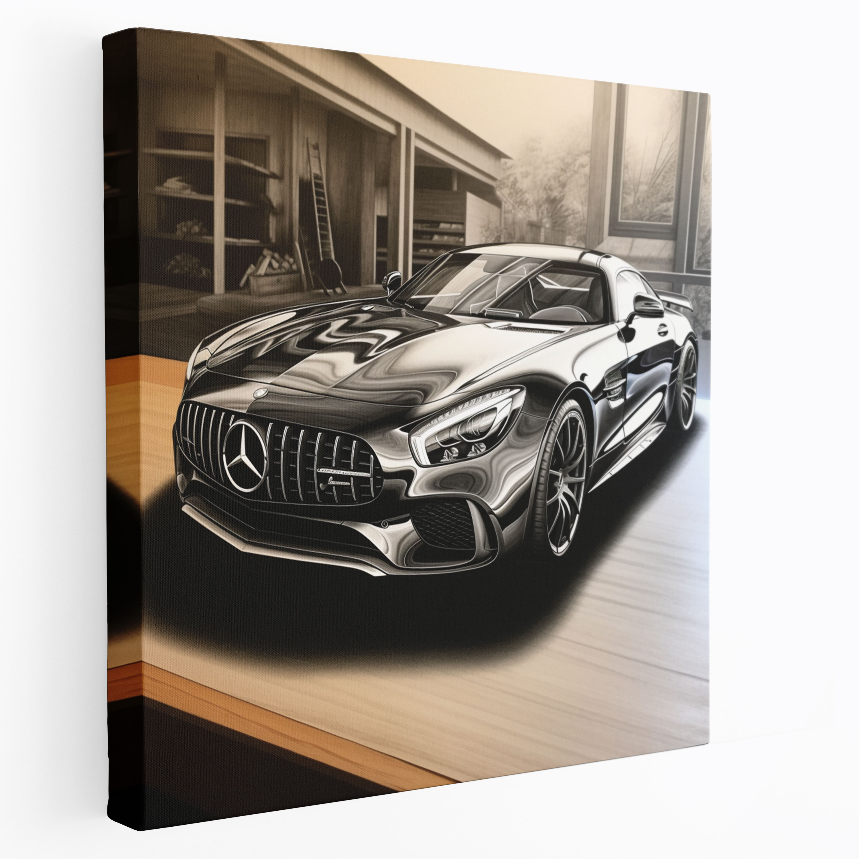 Dynamic Mercedes Charcoal Sketch Wall Art - Mercedes, Wall Art, Canvas, Sports Car