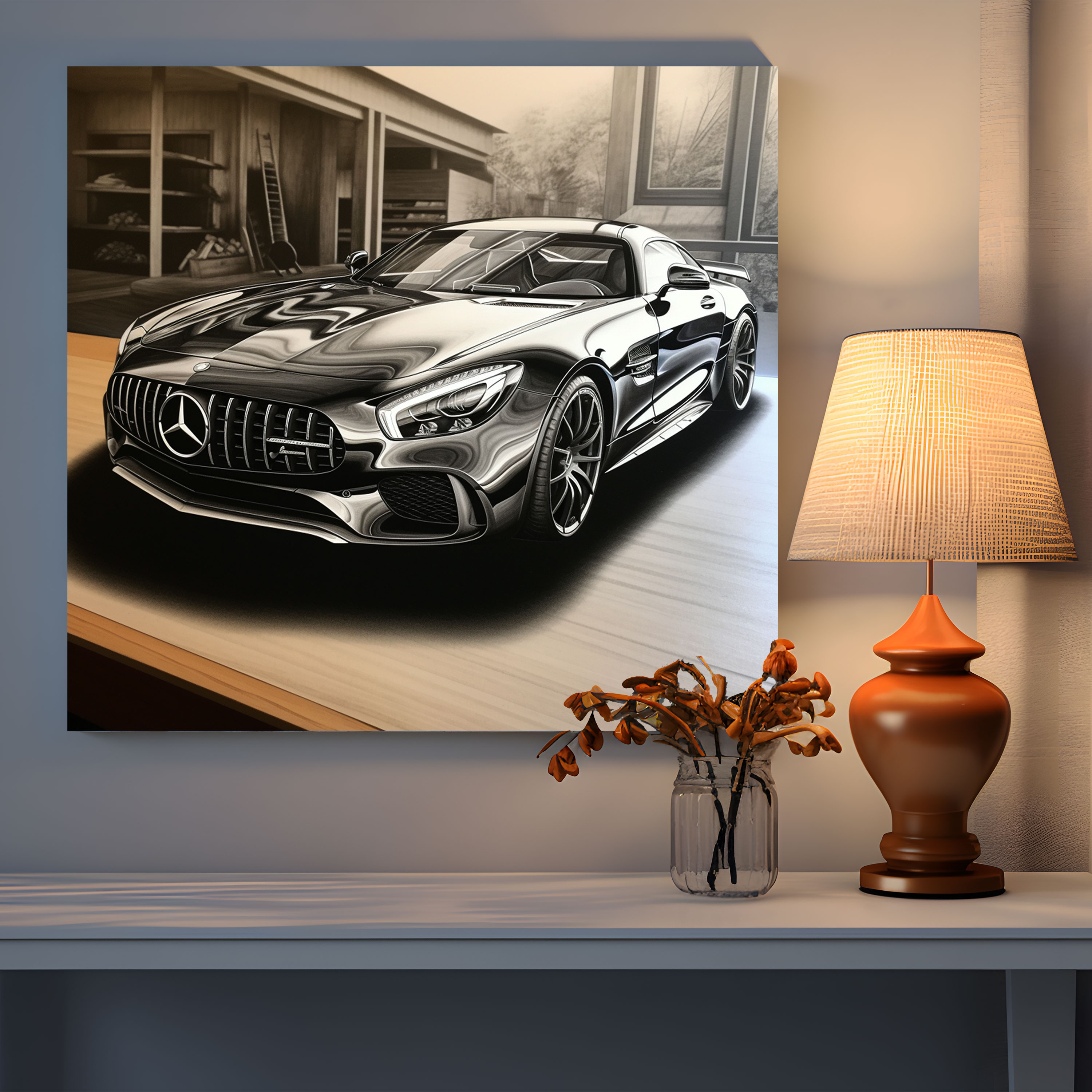Dynamic Mercedes Charcoal Sketch Wall Art - Mercedes, Wall Art, Canvas, Sports Car