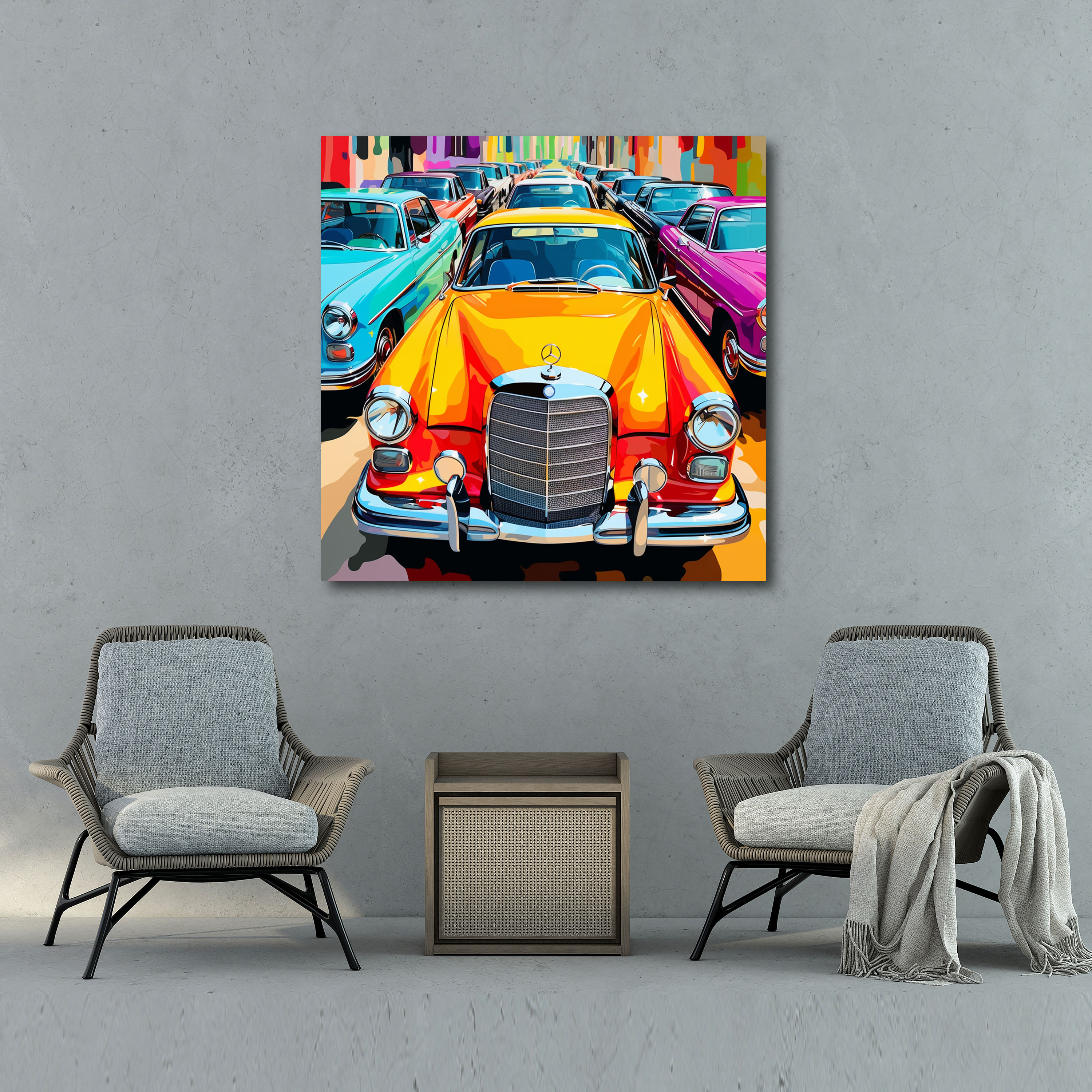 Mercedes Wandkunst - Collage lebendiger Autos - Leinwandbild Pop-Art-Stil Wandkunst