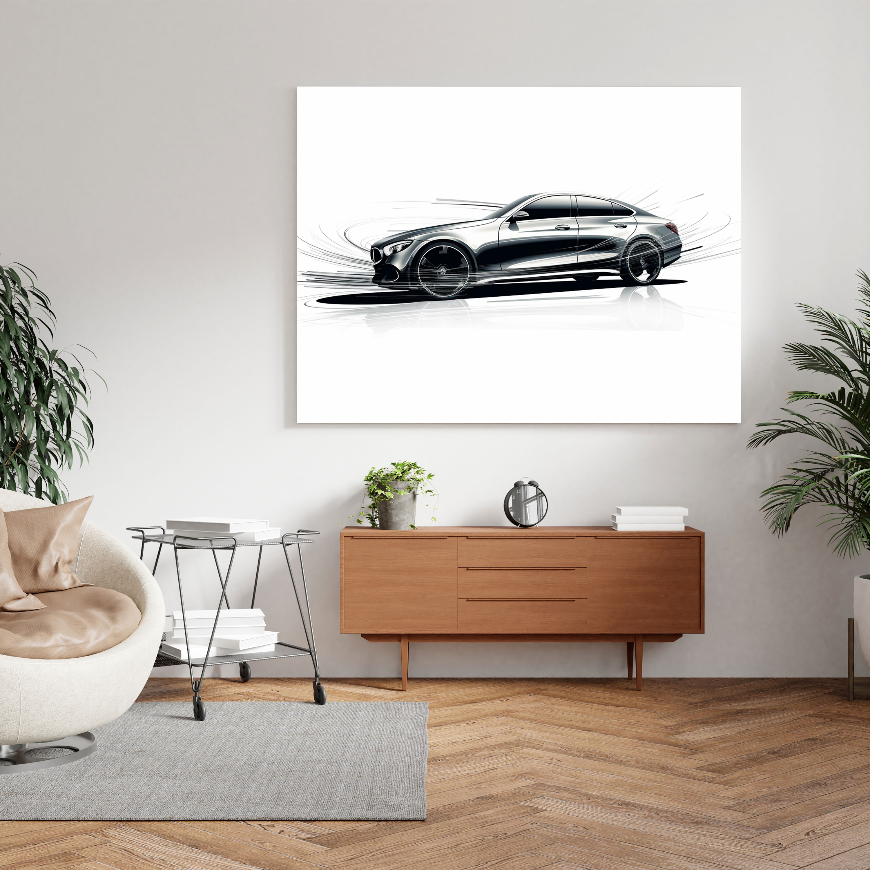 Mercedes Wandkunst - Minimalistisches Skizzen Leinwandbild - Eleganz Bewegung Wandkunst