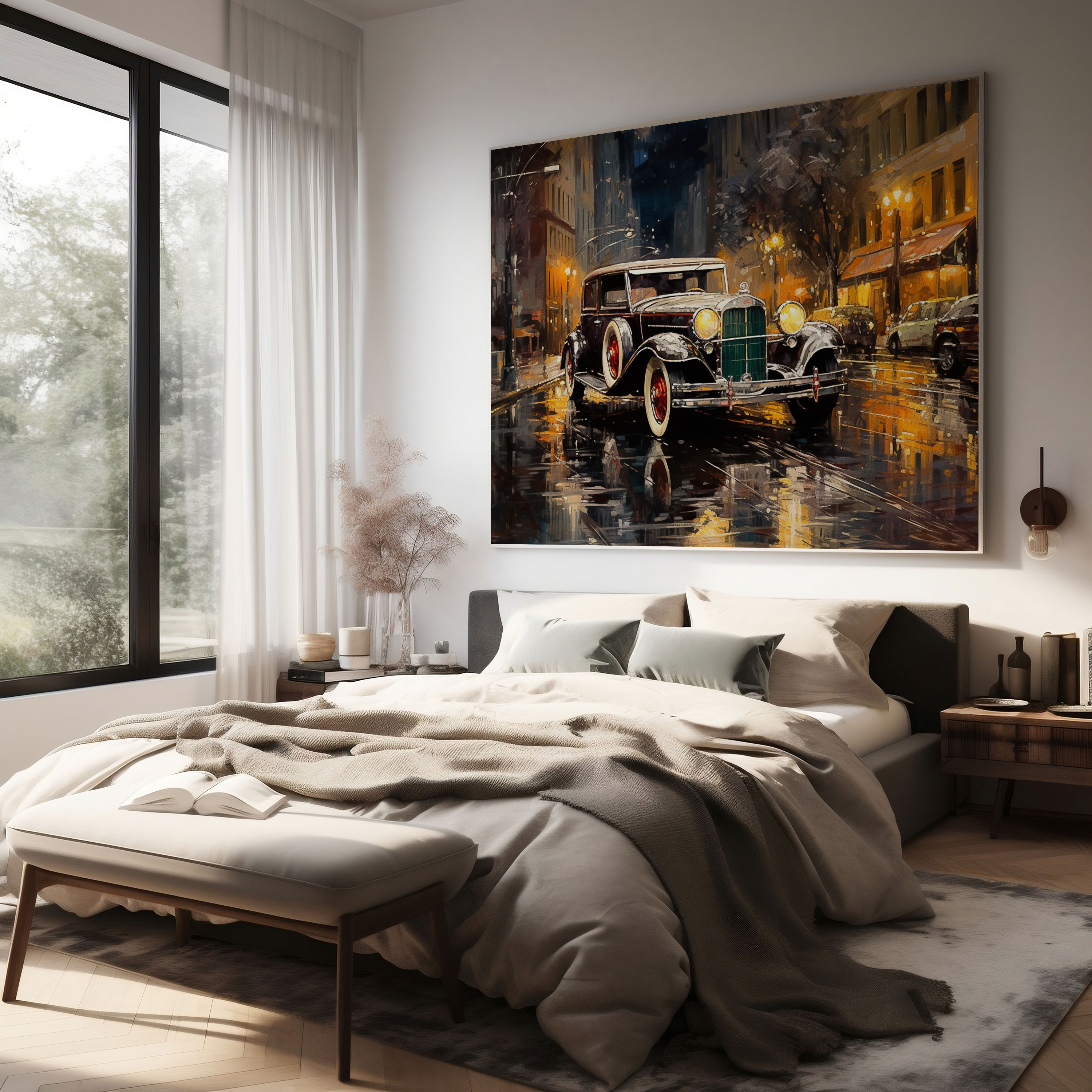 Mercedes Wall Art - Rainy Cityscape Canvas Print - Mercedes, Mercedes, Wall Decoration, Romance