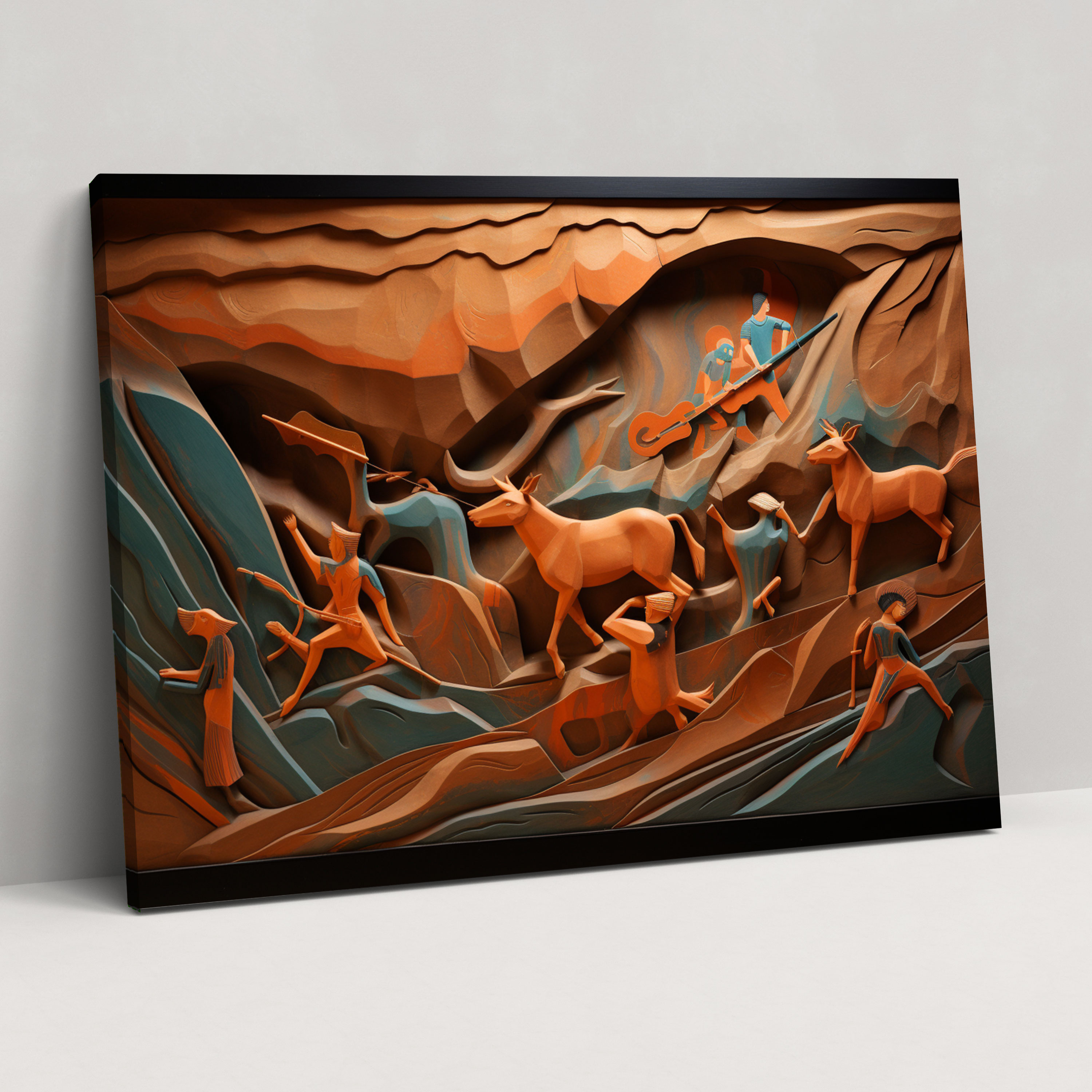 Paleolithic Rock Carving Canvas Print - Mesolithic, Home Decoration, Hunting Scene, Stylized Rock Carving