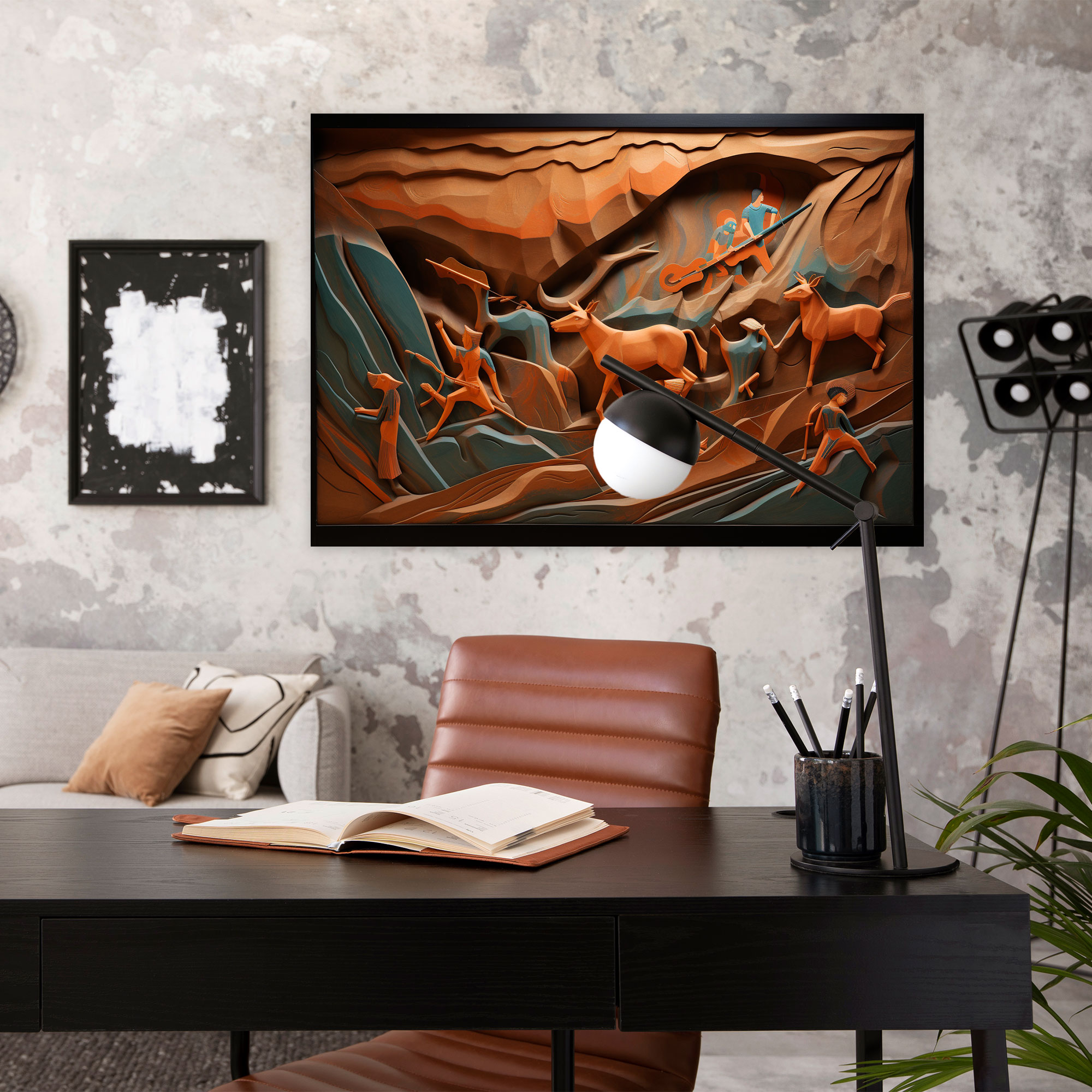 Paleolithic Rock Carving Canvas Print - Mesolithic, Home Decoration, Hunting Scene, Stylized Rock Carving