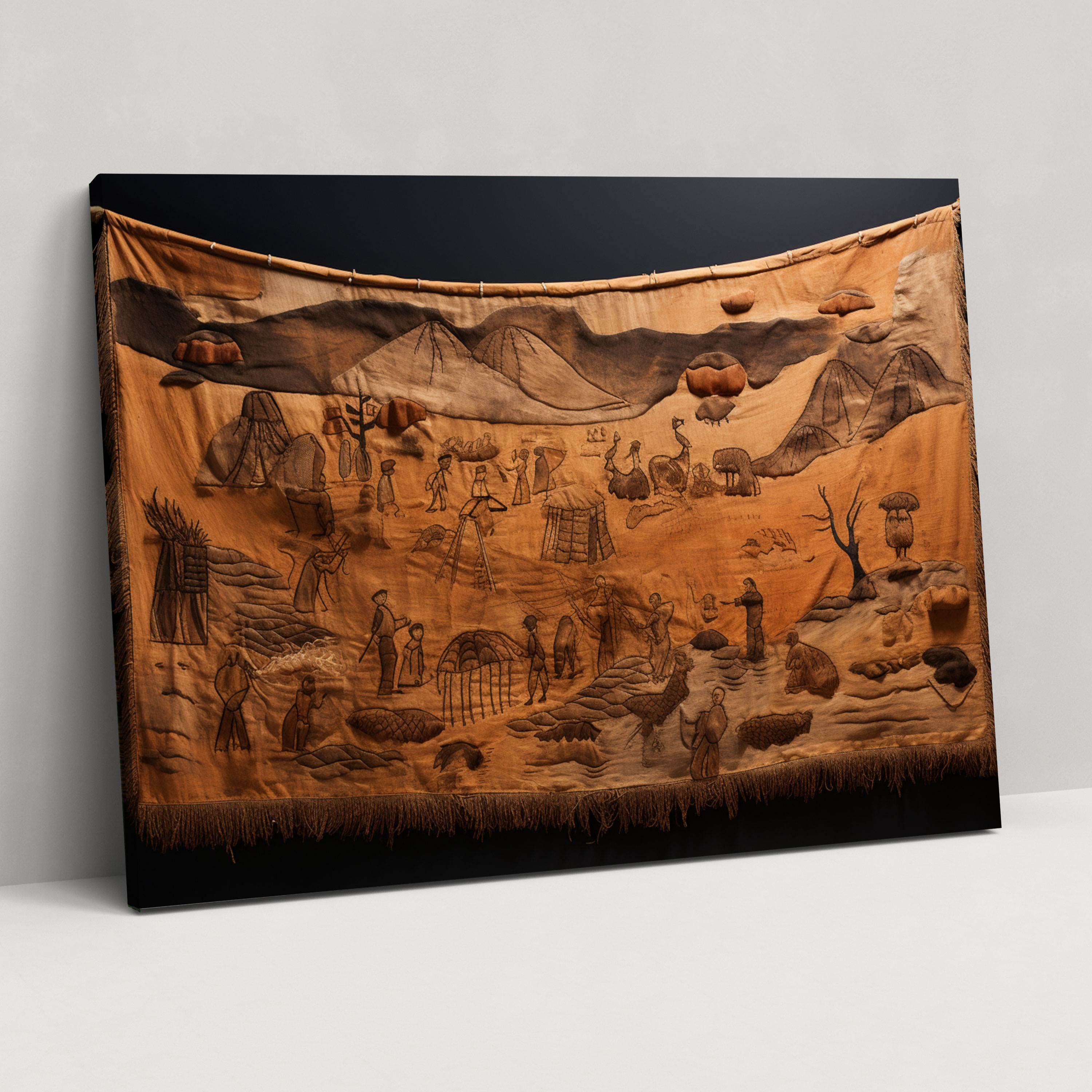 Paleolithic Animal Hide Wall Art - Mesolithic, Canvas, Hand-Sewn Animal Hide Tapestry, Cultural Significance