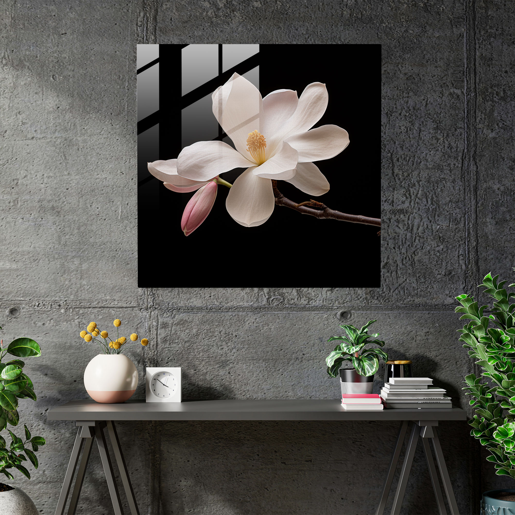 Magnolia Minimalism Glass Print - Magnolia, Close-Up Shot, Home Decoration, Glass Wall Art
