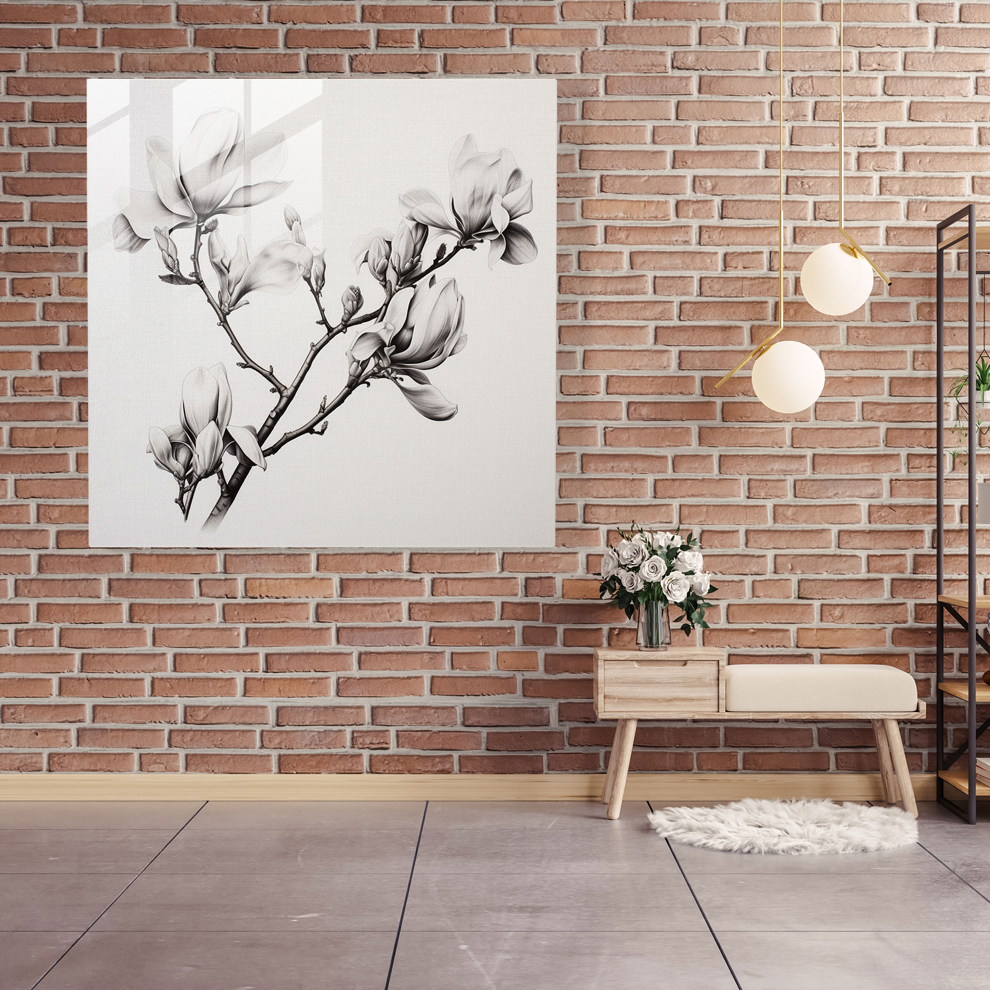 Magnolia Charcoal Sketched Glass Print - Magnolia, Wall Decoration, Elegance, Intricate Shading