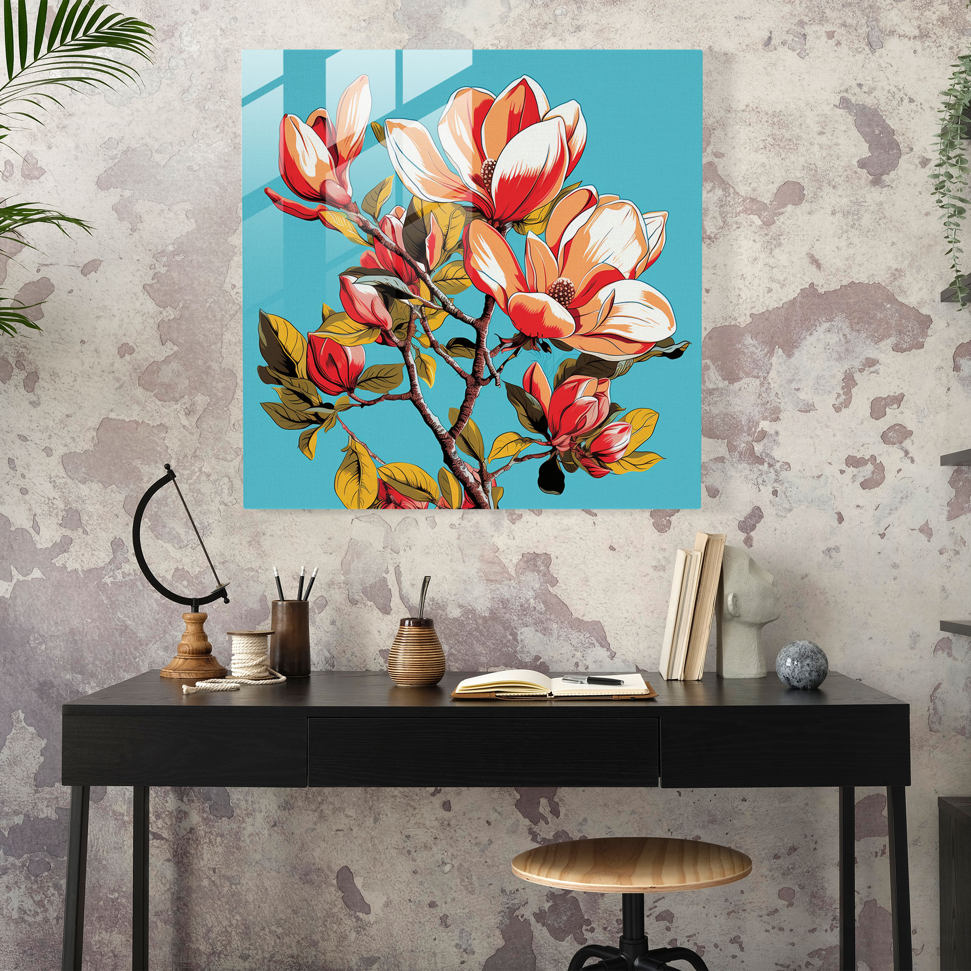 Magnolia Pop Art Glass Print - Magnolia, Colorful, Playful, Vintage Twist