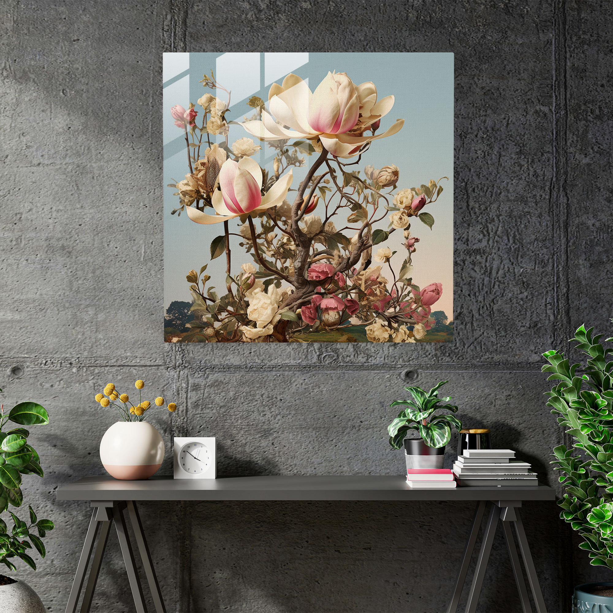 Magnolia Glass Print - Digital Collage Modern Art - Magnolia, Blooming, Magnolia, Digital Collage