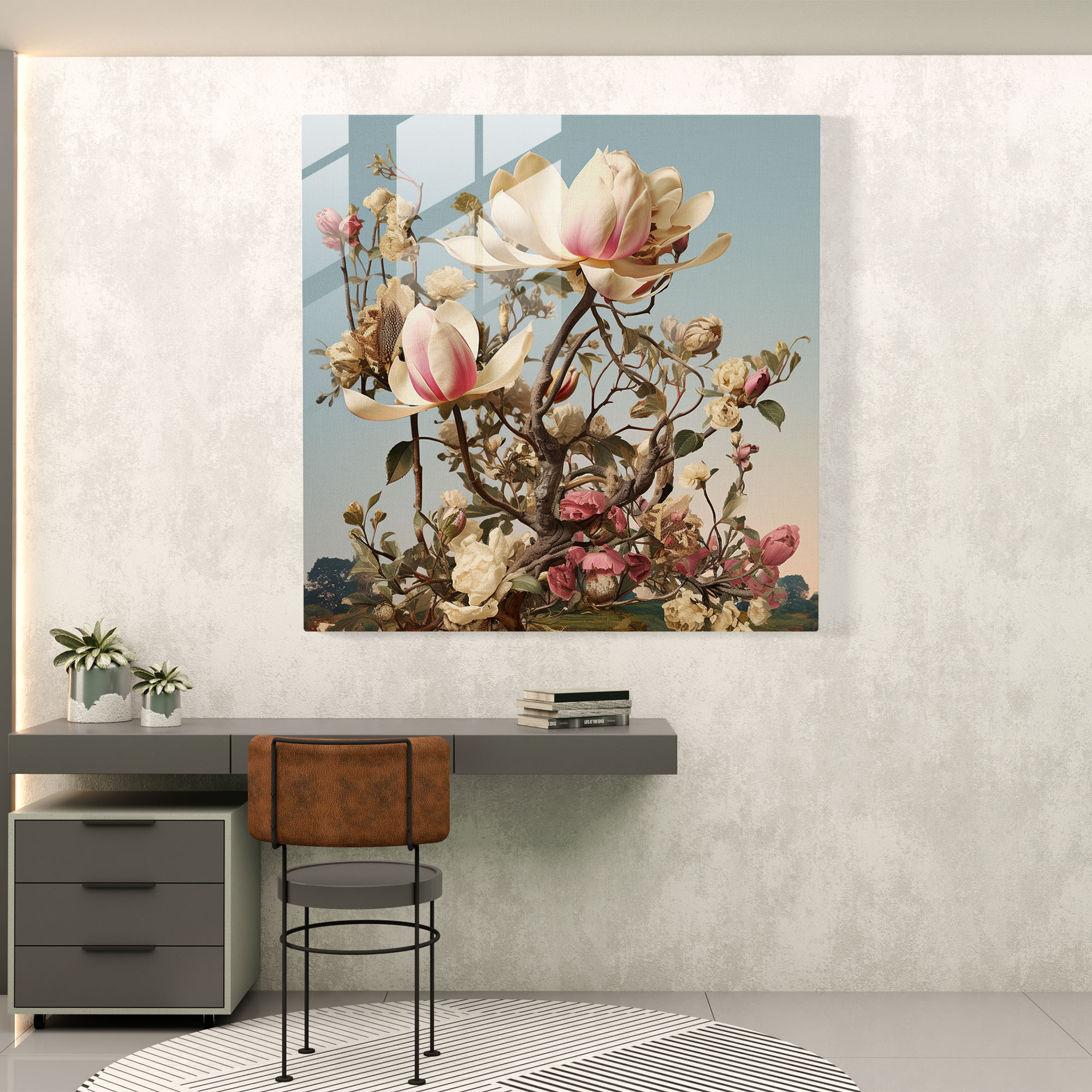 Magnolia Glass Print - Digital Collage Modern Art - Magnolia, Blooming, Magnolia, Digital Collage