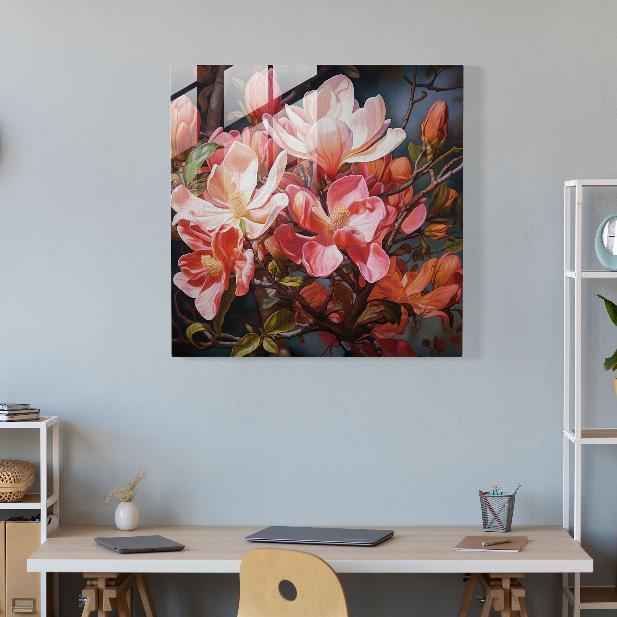Magnolia Elegance Glass Print - Magnolia, Nature, Oil Painting, Home Decoration