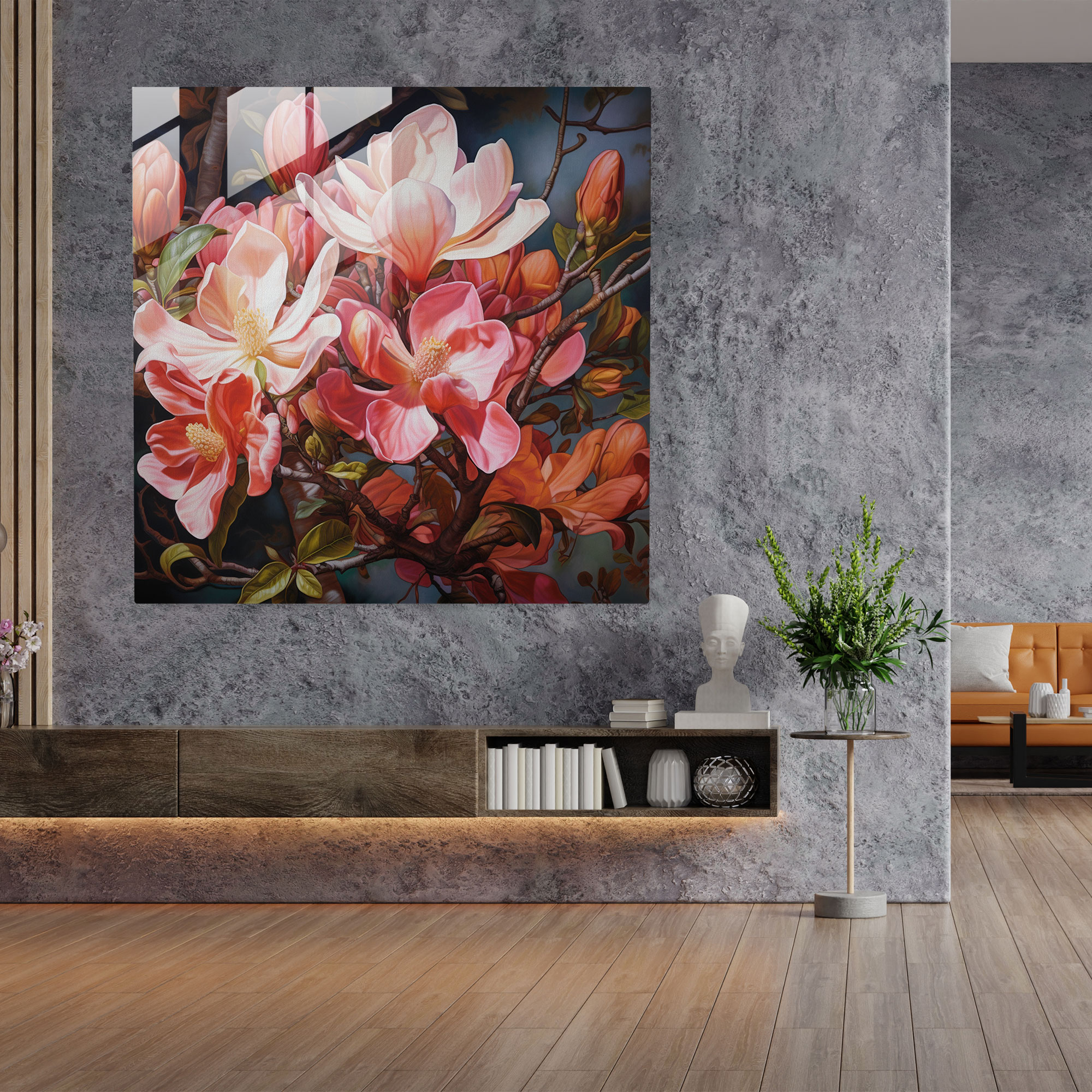 Magnolia Elegance Glass Print - Magnolia, Nature, Oil Painting, Home Decoration