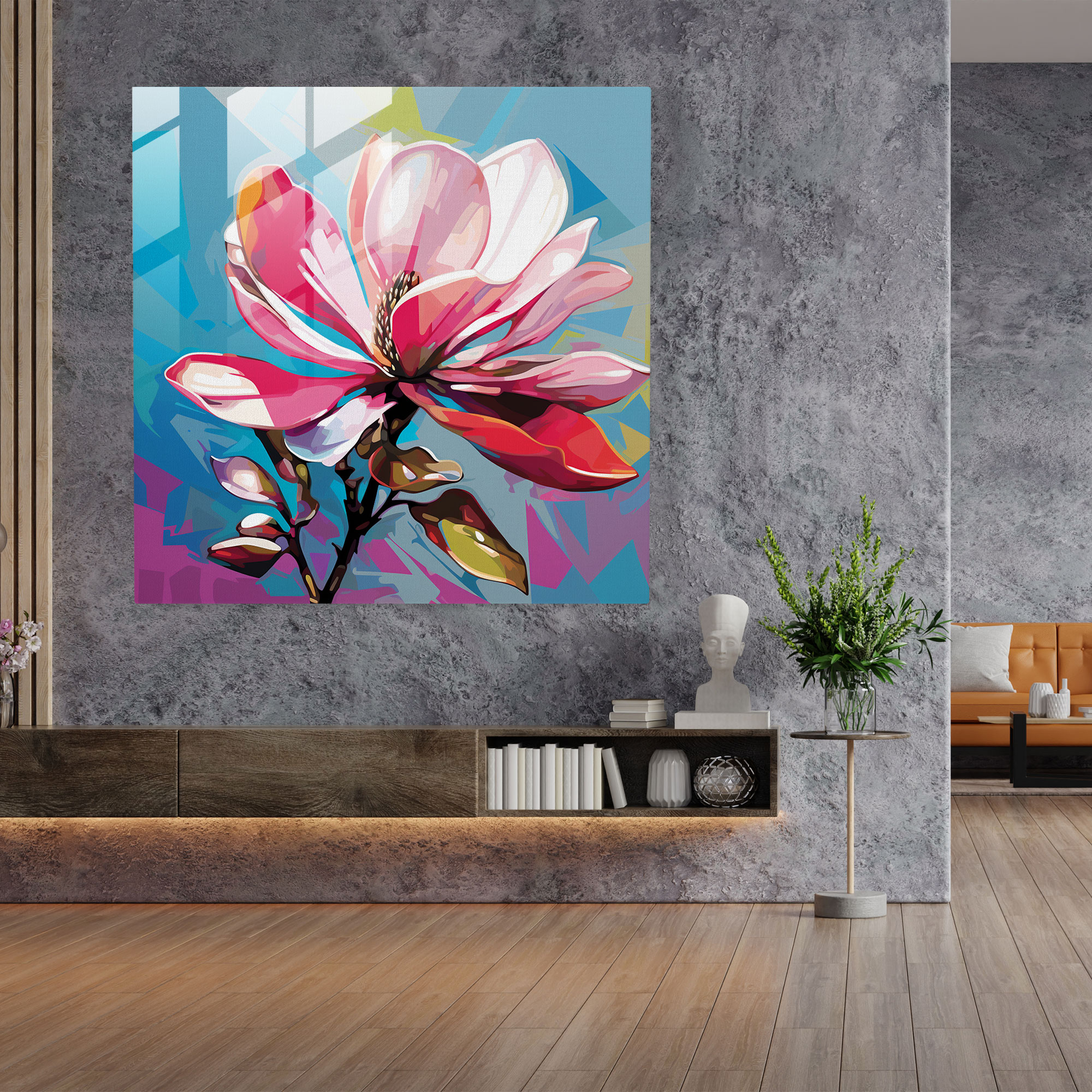 Pop Magnolia Glass Print - Magnolia, Vivid Colors, Bold Graphic Style, Glass Wall Art