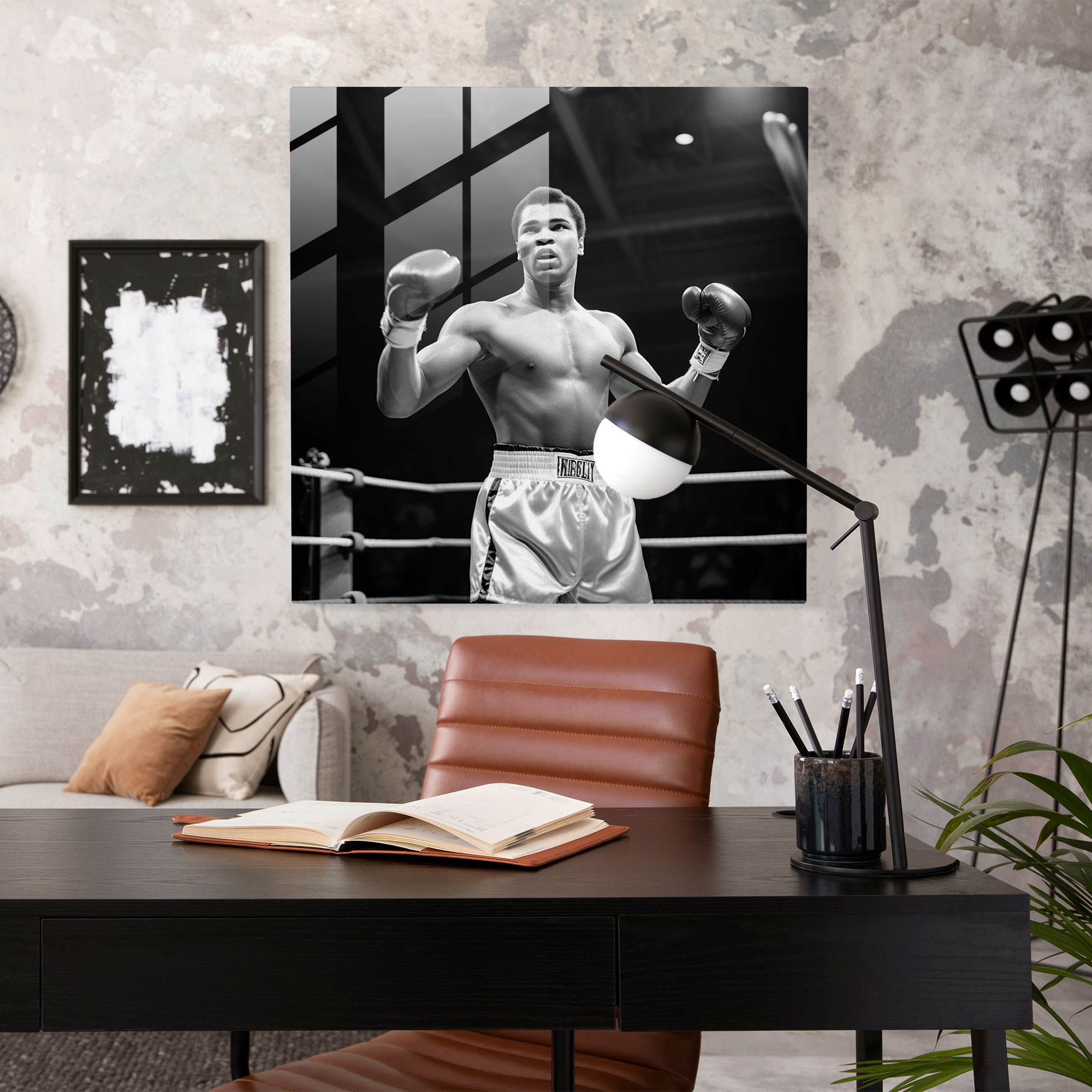 Muhammad Ali Zafer Cam Tablosu - Modern Sanat Duvar Dekorasyonu Zafer Dolu Ruh