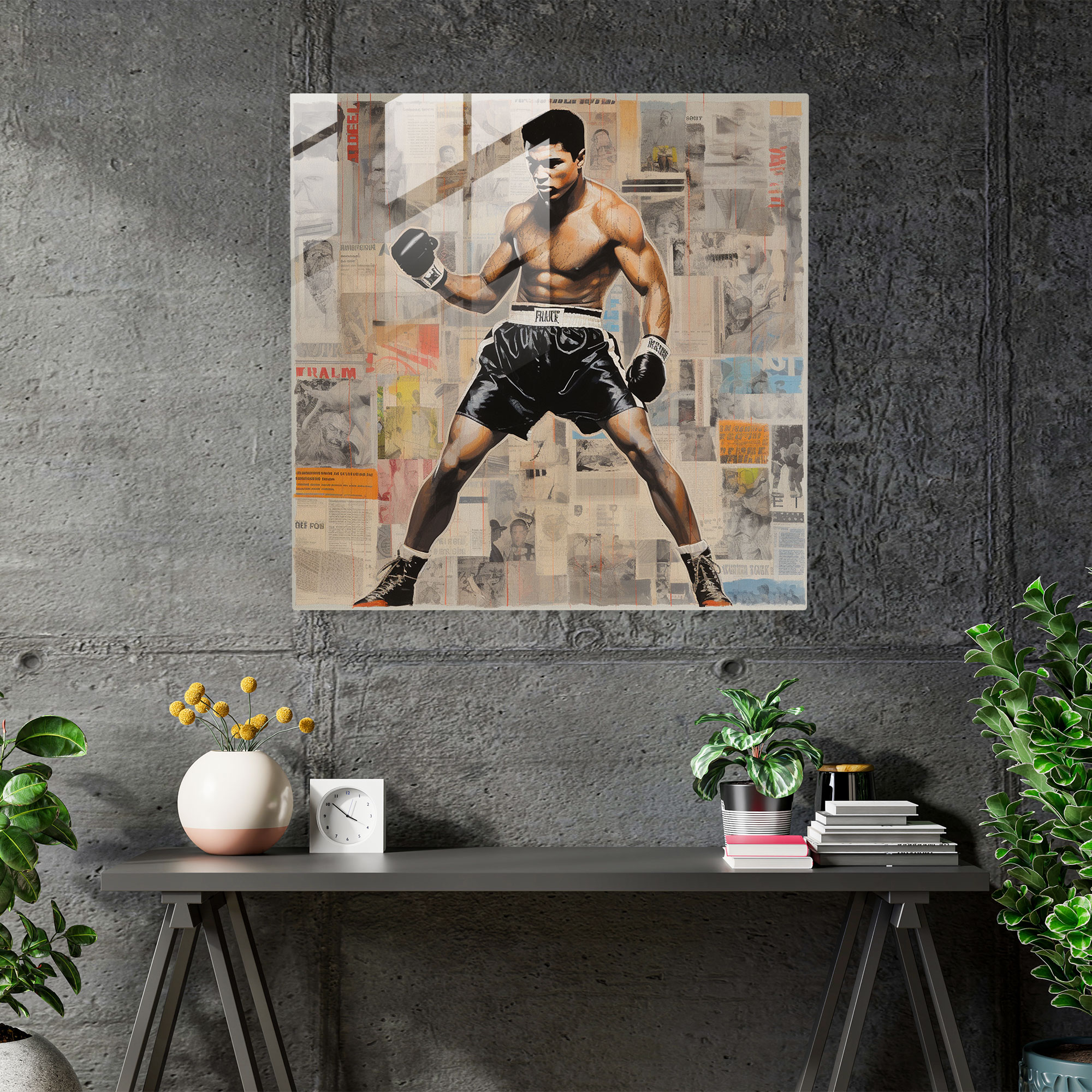 Muhammad Ali Glass Print - Muhammad Ali, Collage Artwork, Boxing, Home Decoration
