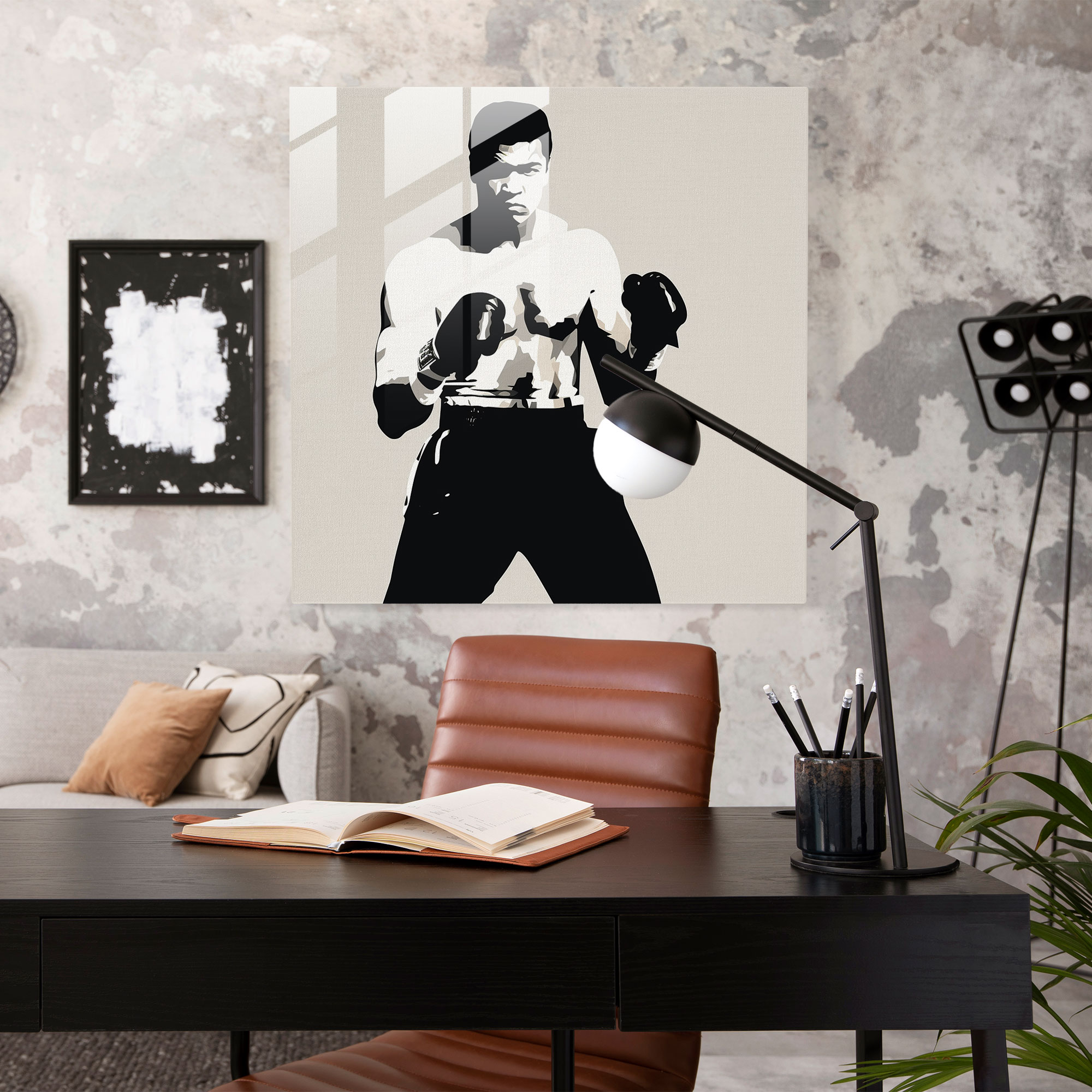 Muhammad Ali Minimalist Siyah ve Beyaz Cam Tablo - Muhammad Ali Cam Duvar Sanatı Ev Dekorasyonu