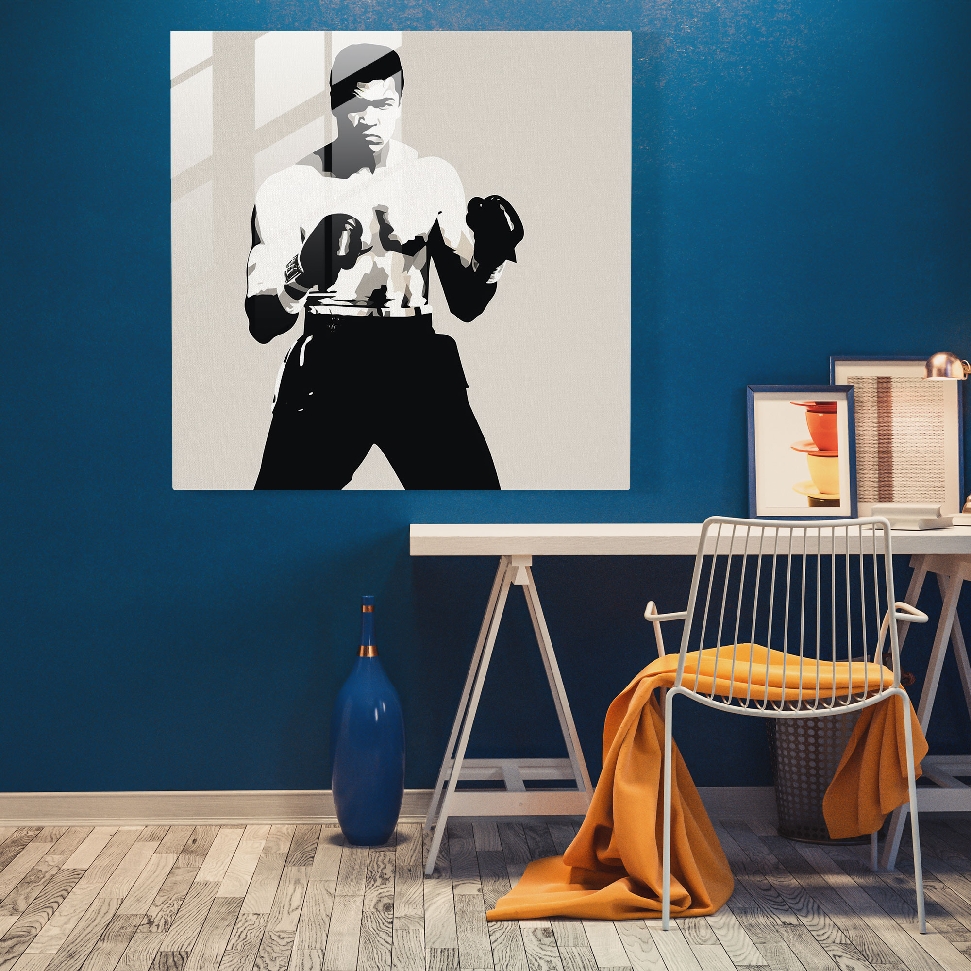 Muhammad Ali Minimalist Siyah ve Beyaz Cam Tablo - Muhammad Ali Cam Duvar Sanatı Ev Dekorasyonu