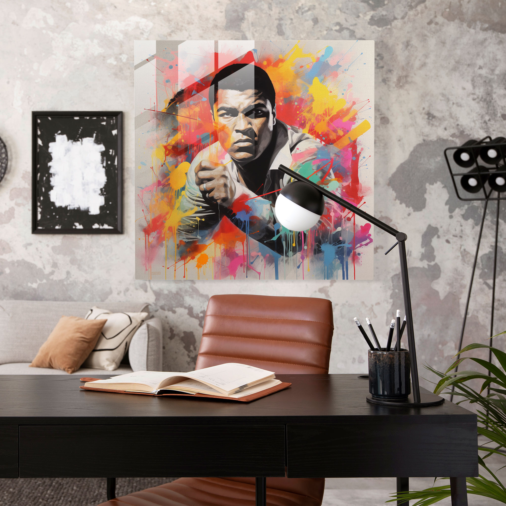 Muhammad Ali Graffiti Temalı Cam Tablo - Duvar Dekorasyonu Modern Sanat