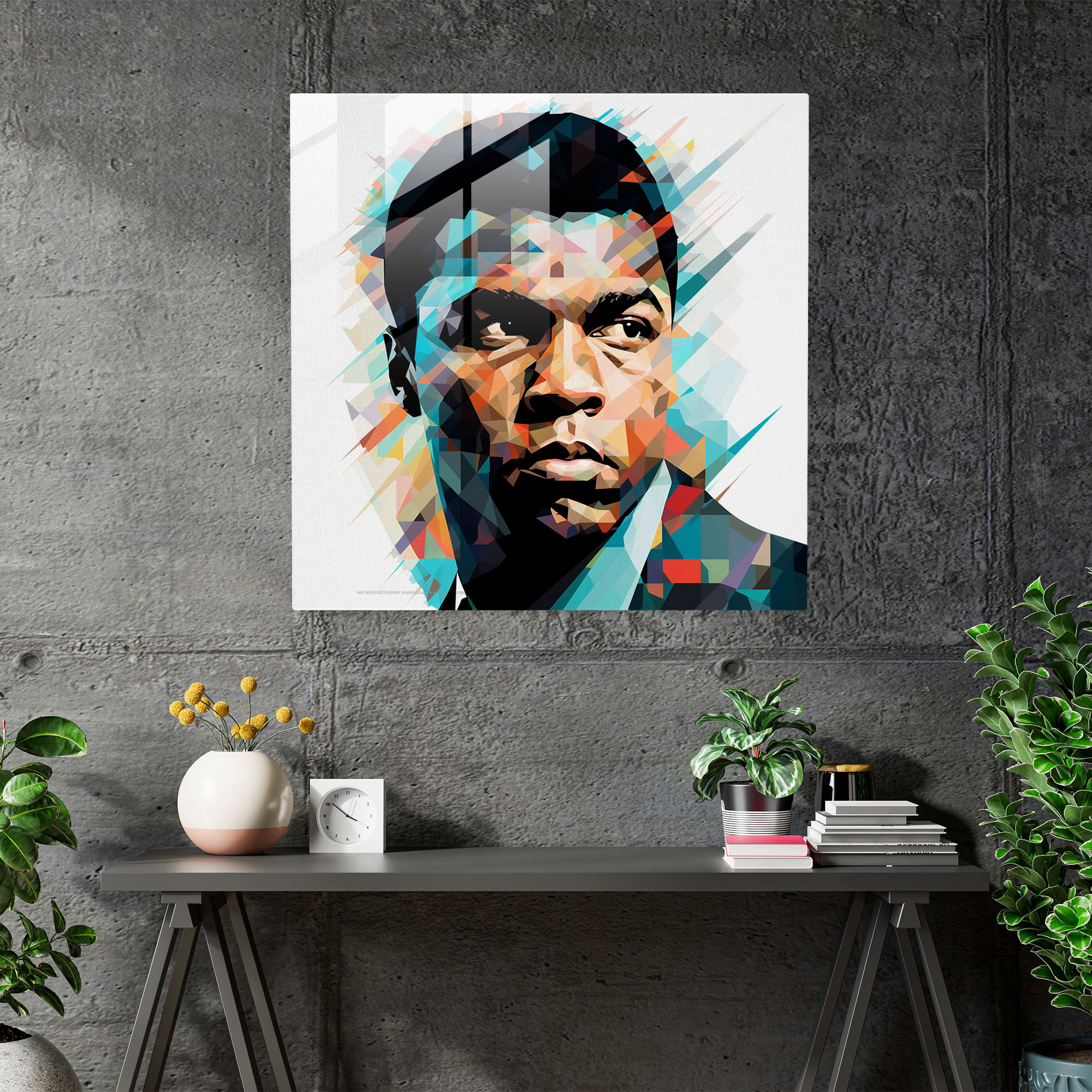 Muhammad Ali Geometrik Desen Cam Tablo - Ev Dekorasyonu İçin Muhammad Ali Cam Duvar Sanatı
