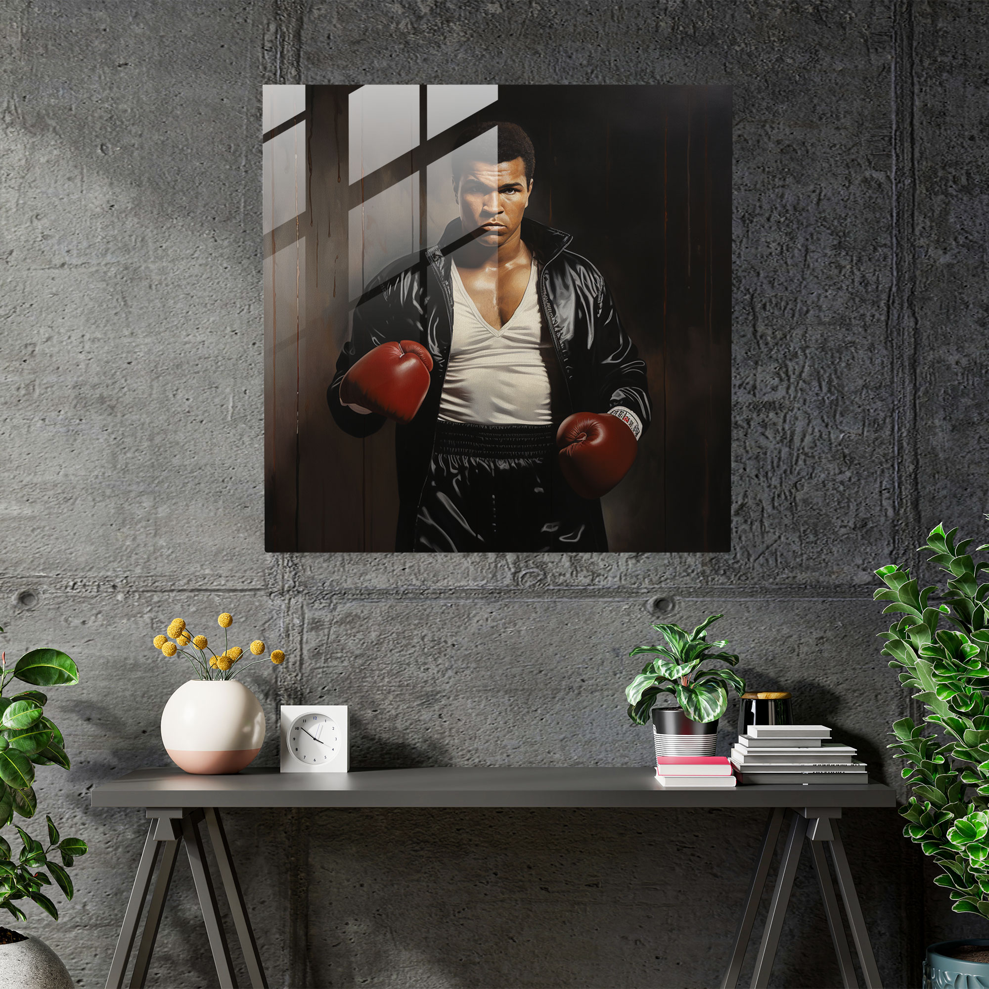 Muhammad Ali Cam Tablo - Muhammad Ali Fotogerçekçi Sanat Eseri Gerçeğe Yakın Temsil Cam Duvar Sanatı