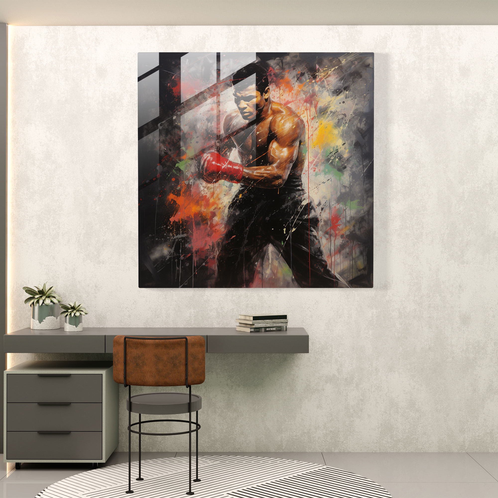 Muhammad Ali Abstract Glass Print - Muhammad Ali, Glass Wall Art, Wall Decoration, Subtle Tones