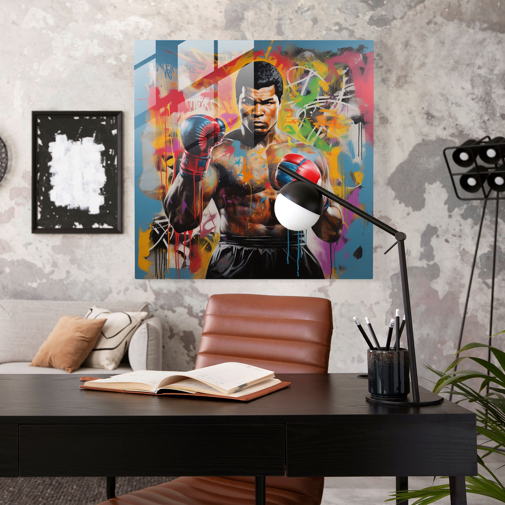 Muhammad Ali Graffiti Cam Tablo - Canlı Renklerle Muhammed Ali Ev Dekorasyonu Cam Sanatı