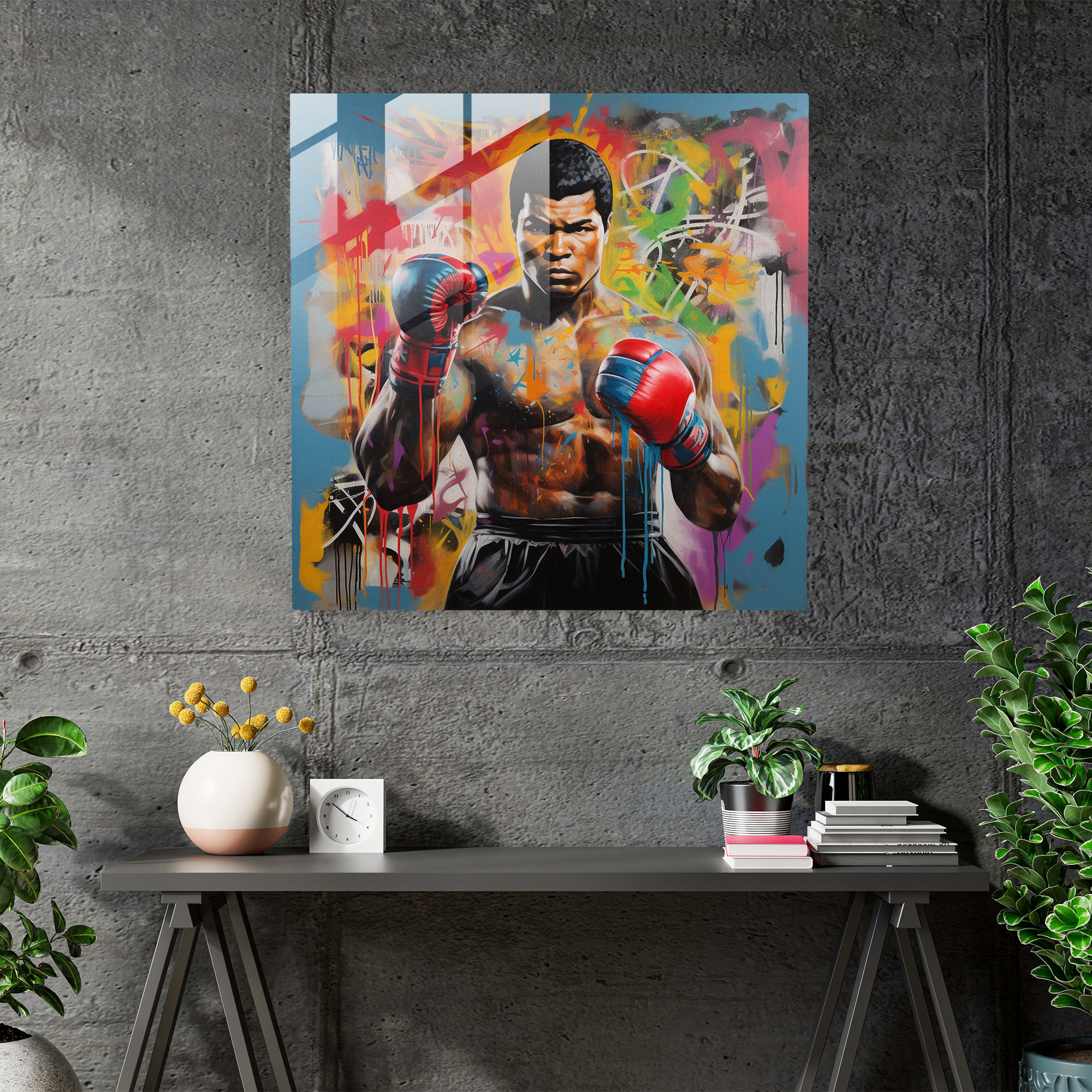 Muhammad Ali Graffiti Cam Tablo - Canlı Renklerle Muhammed Ali Ev Dekorasyonu Cam Sanatı