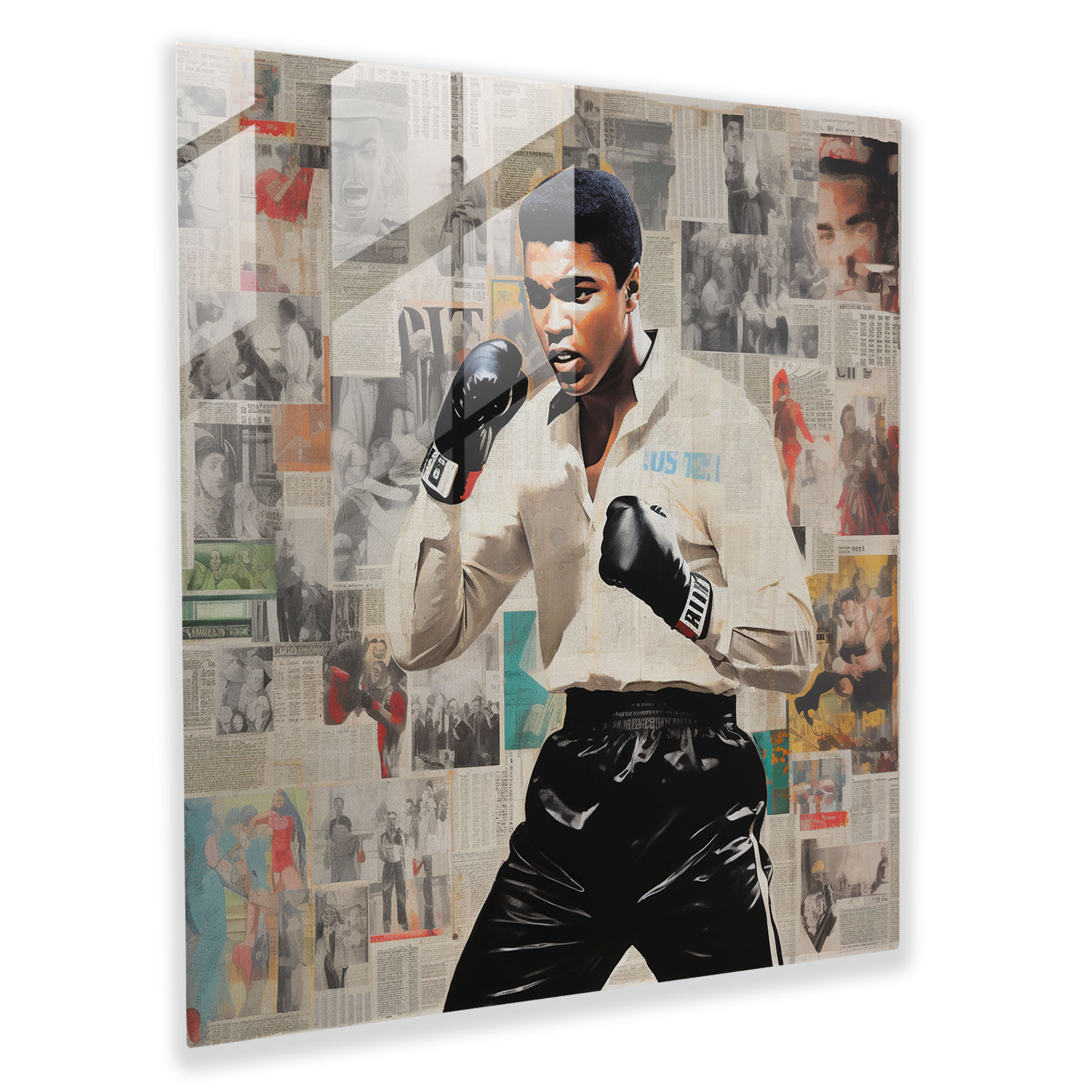 Muhammad Ali Newspaper Collage Glass Print - Muhammad Ali, Newspaper Collage, Modern Art, Glass Art