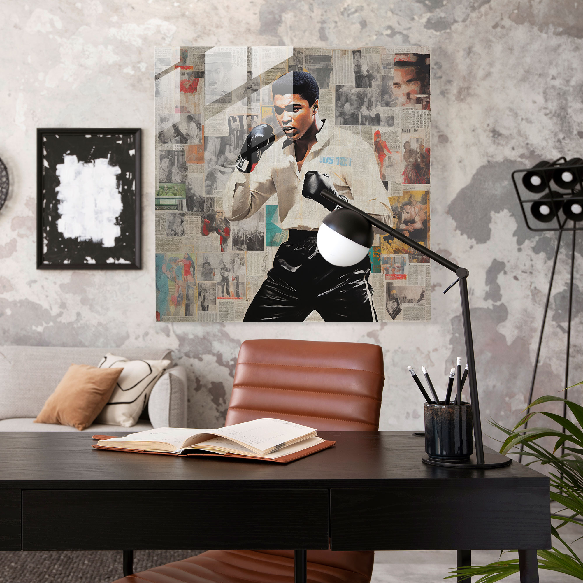 Muhammad Ali Newspaper Collage Glass Print - Muhammad Ali, Newspaper Collage, Modern Art, Glass Art