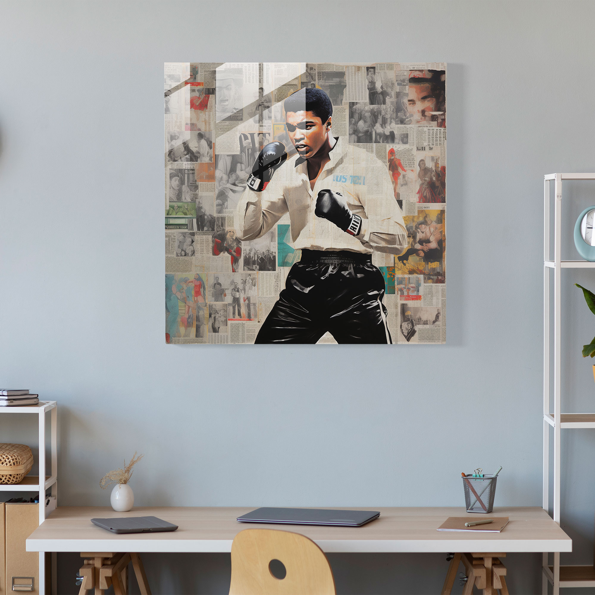 Muhammad Ali Newspaper Collage Glass Print - Muhammad Ali, Newspaper Collage, Modern Art, Glass Art
