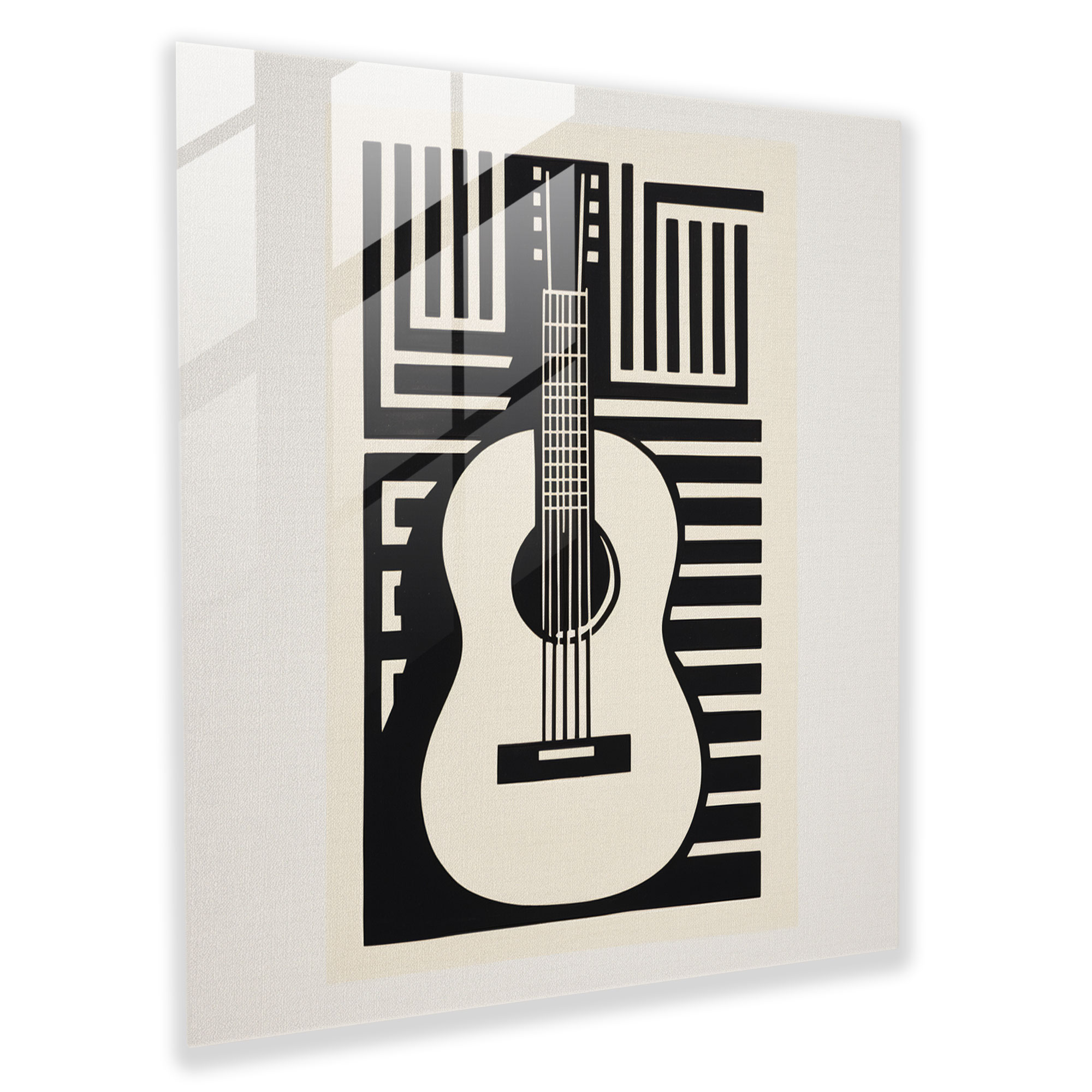 Minimalistic Glass Print - Linocut Print of Single Guitar on Blank Canvas - Glass Wall Art