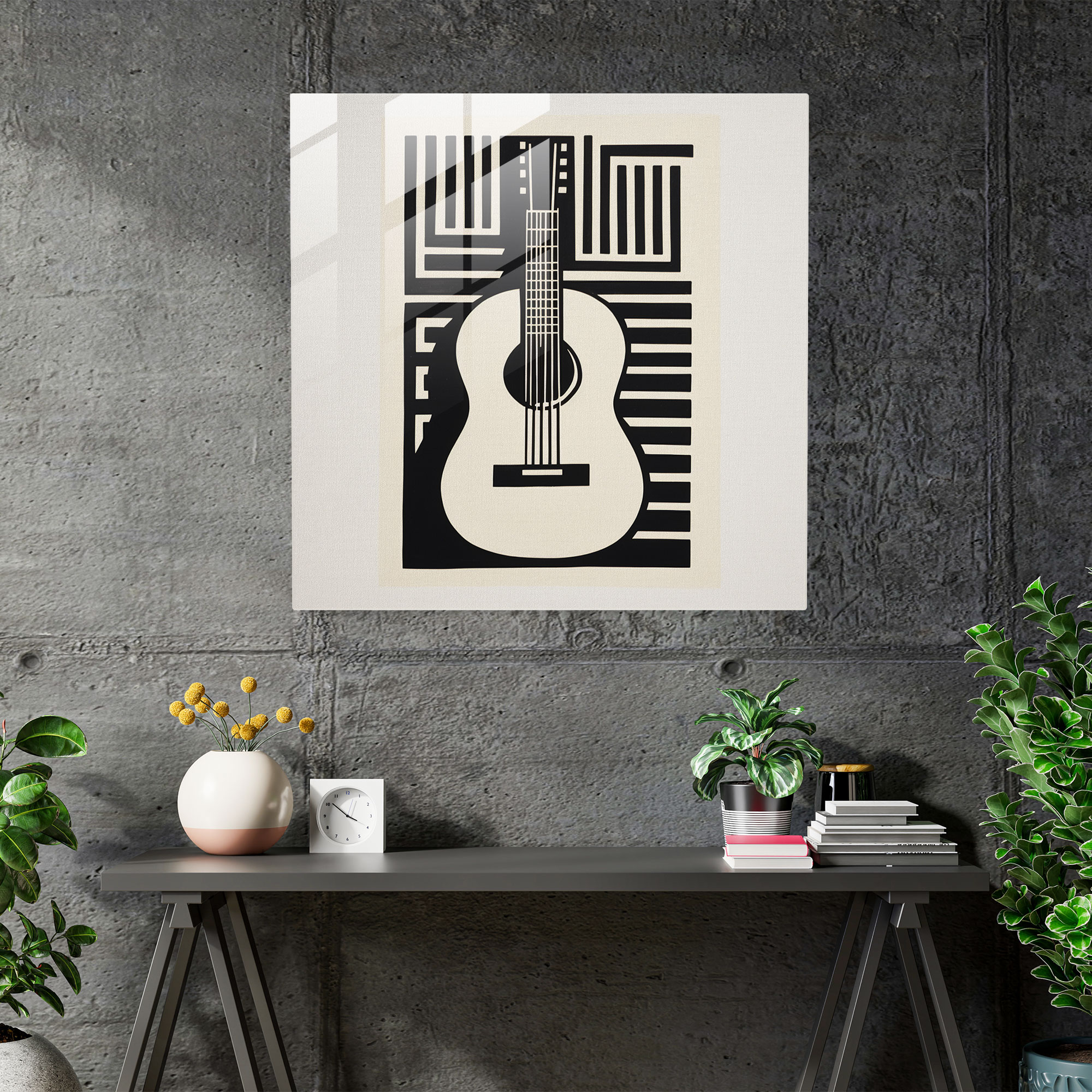 Minimalistic Glass Print - Linocut Print of Single Guitar on Blank Canvas - Glass Wall Art