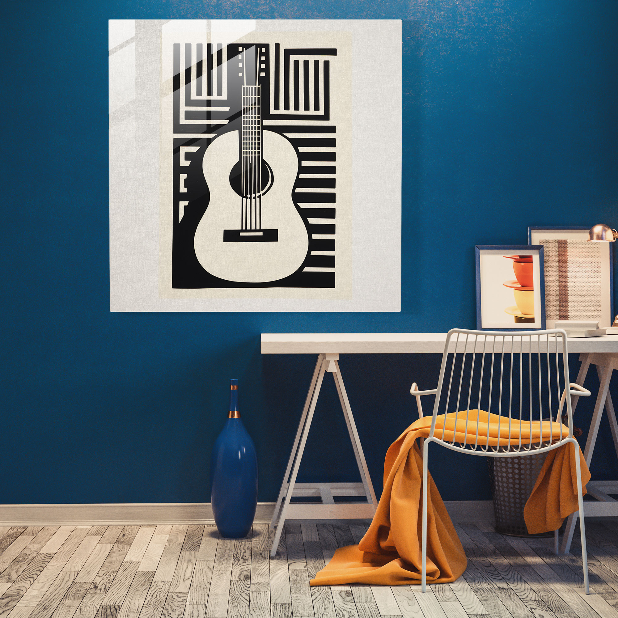 Minimalistic Glass Print - Linocut Print of Single Guitar on Blank Canvas - Glass Wall Art