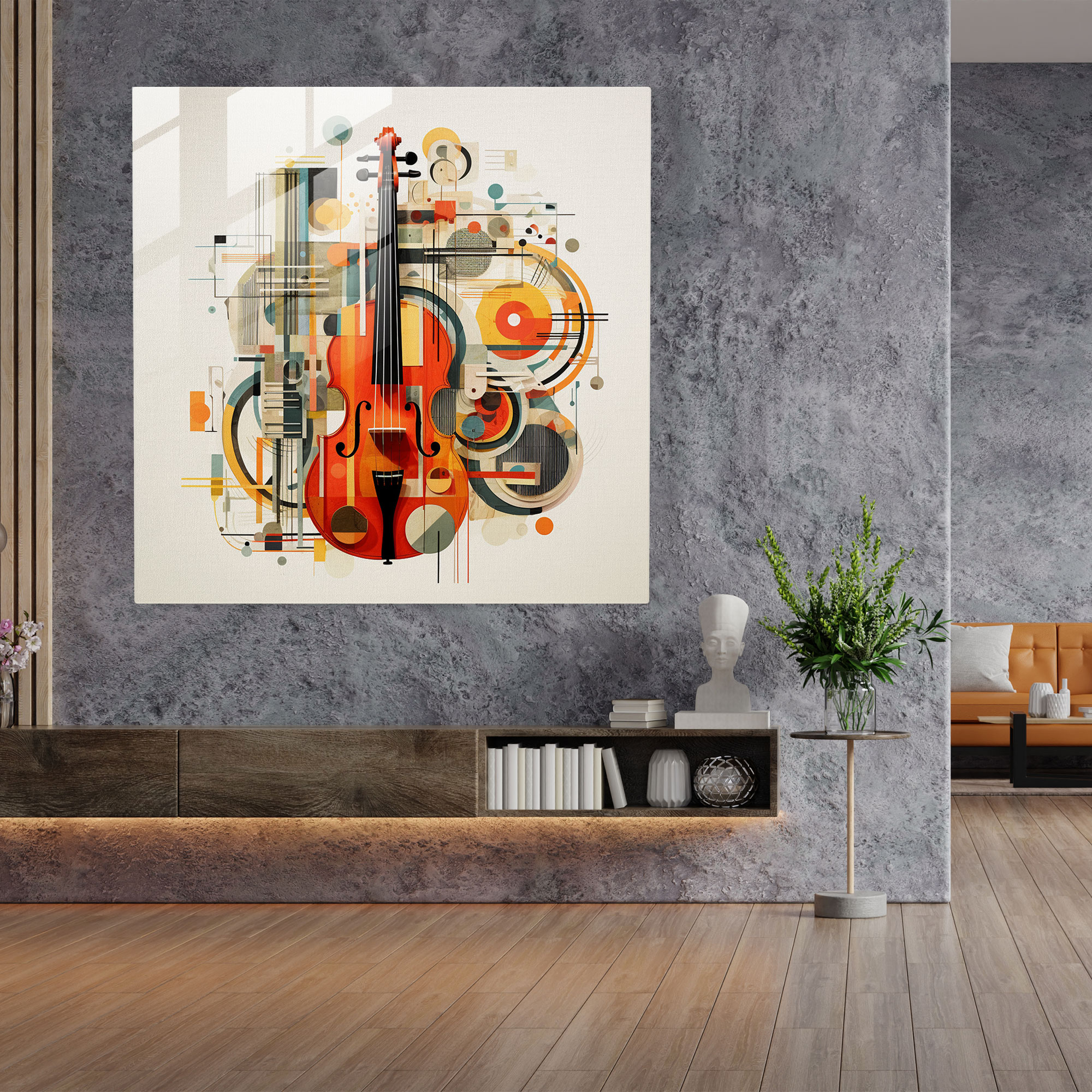 Dynamic Glass Print - Modern Collage Artwork of Musical Instruments with Abstract Shapes - Glass Wall Art