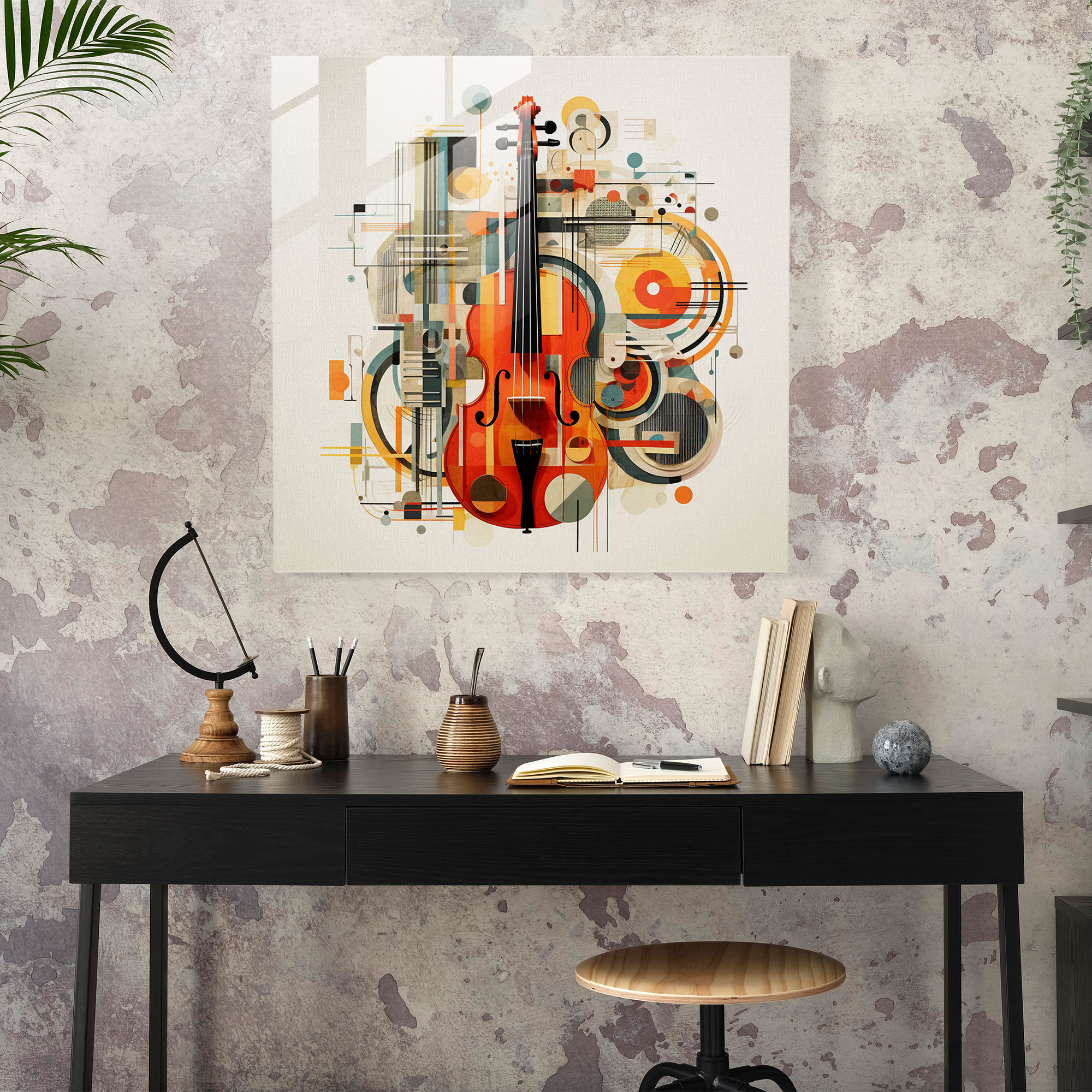 Dynamic Glass Print - Modern Collage Artwork of Musical Instruments with Abstract Shapes - Glass Wall Art