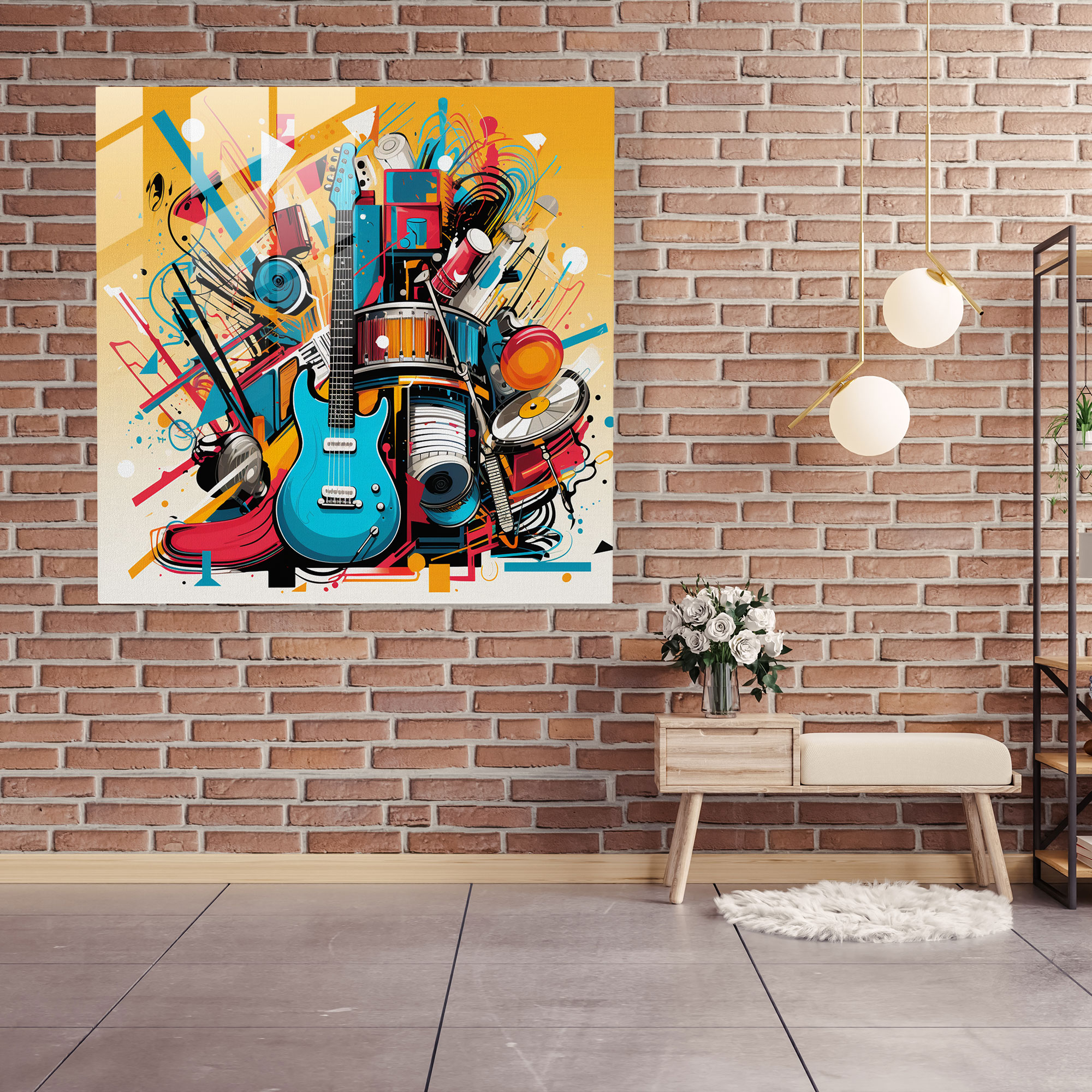 Vibrant Musical Instruments Glass Wall Art
