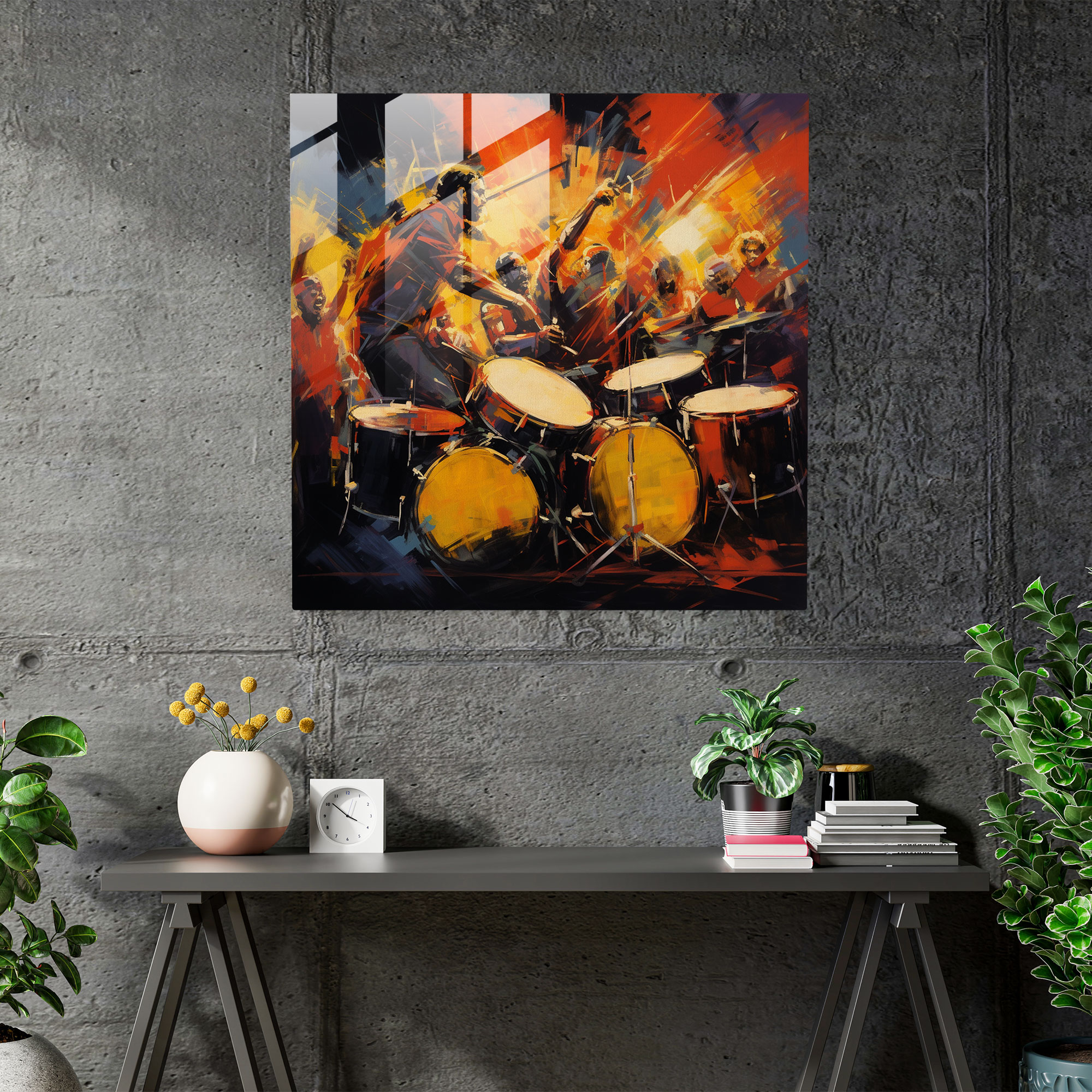 Energetic Expressionist Glass Print: Dynamic Drumming Beats