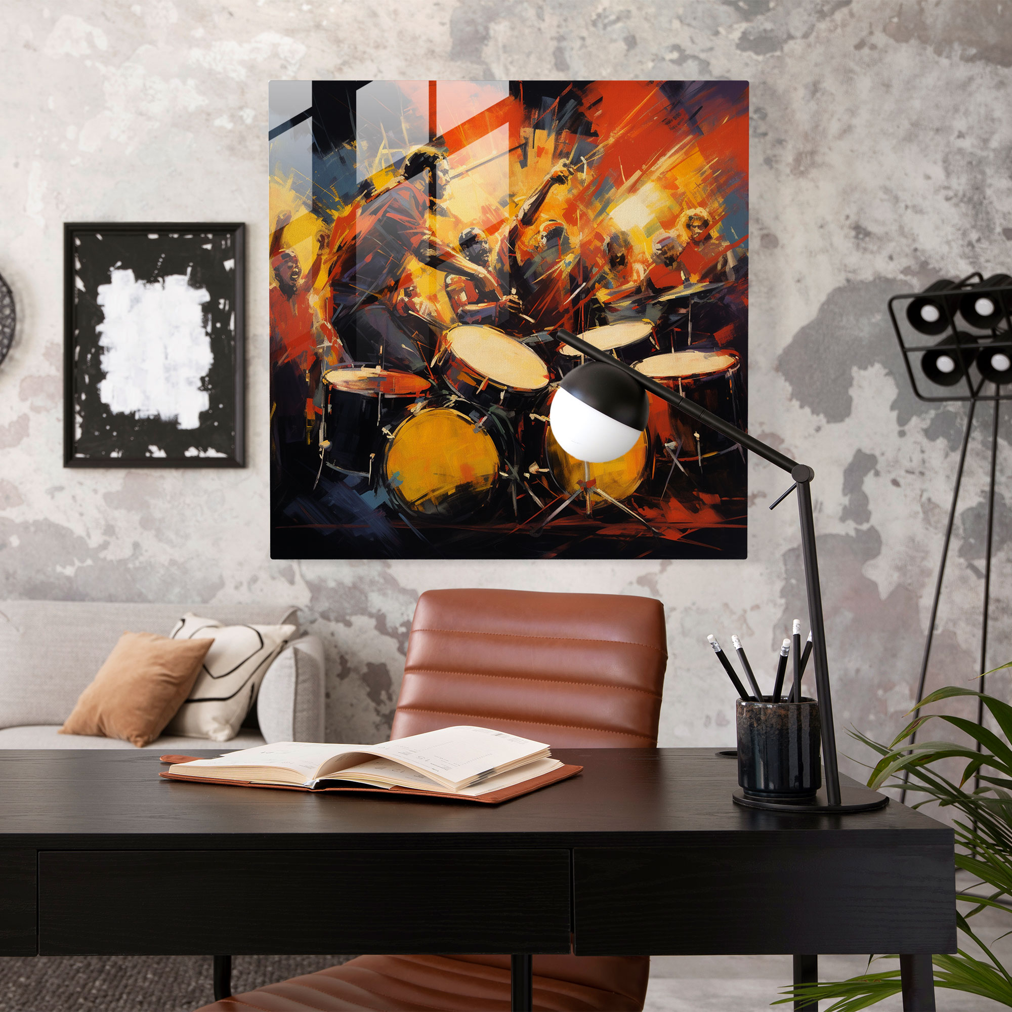 Energetic Expressionist Glass Print: Dynamic Drumming Beats