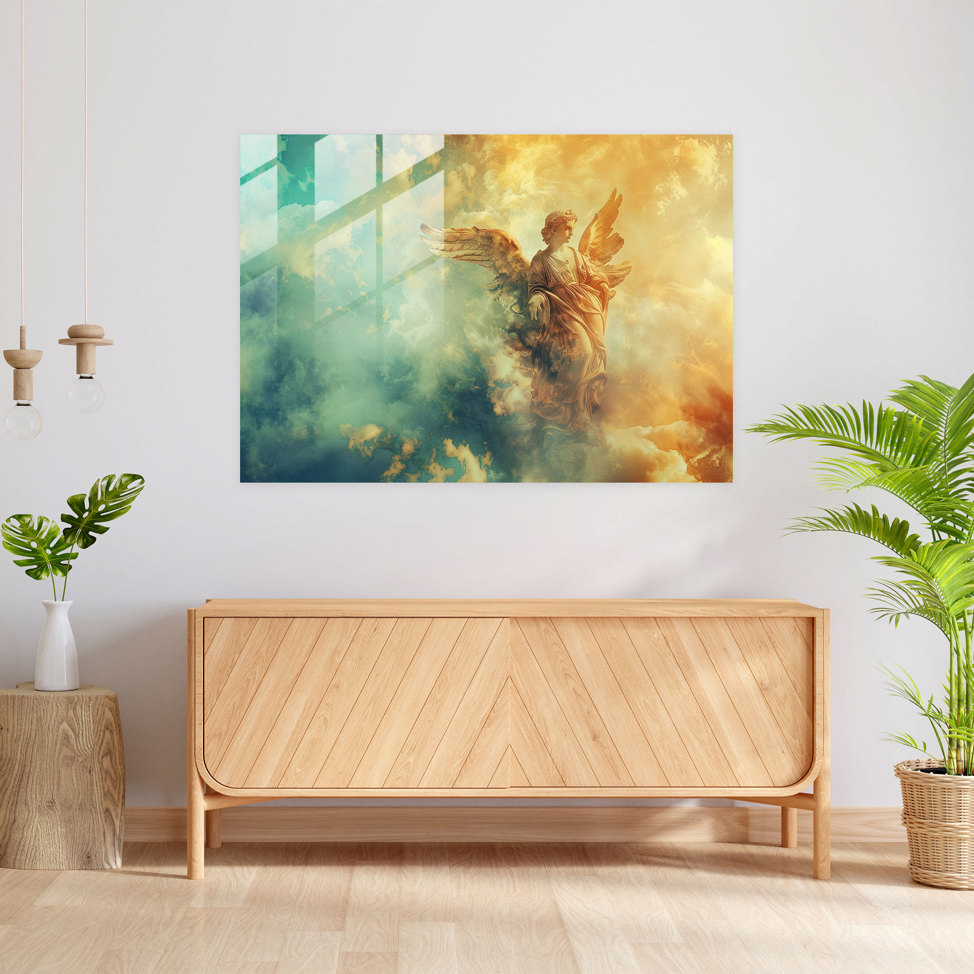 Michelangelo Glass Print: Angel In Heavenly Clouds - Michelangelo, Michelangelo, Home Decoration, Wall Decoration
