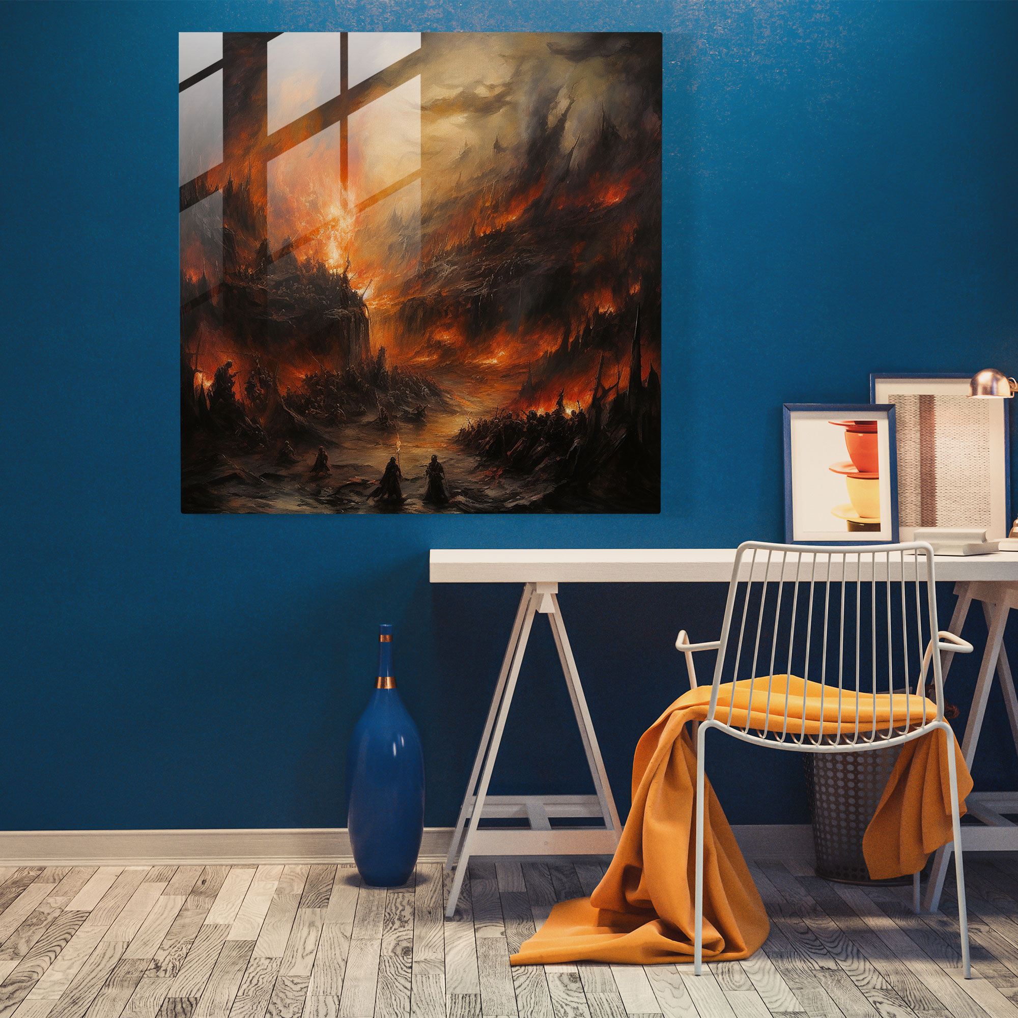 Middle Earth Glass Print - Fiery Battle - Middle Earth, Glass Wall Art, Expressionist Painting, Glass Print